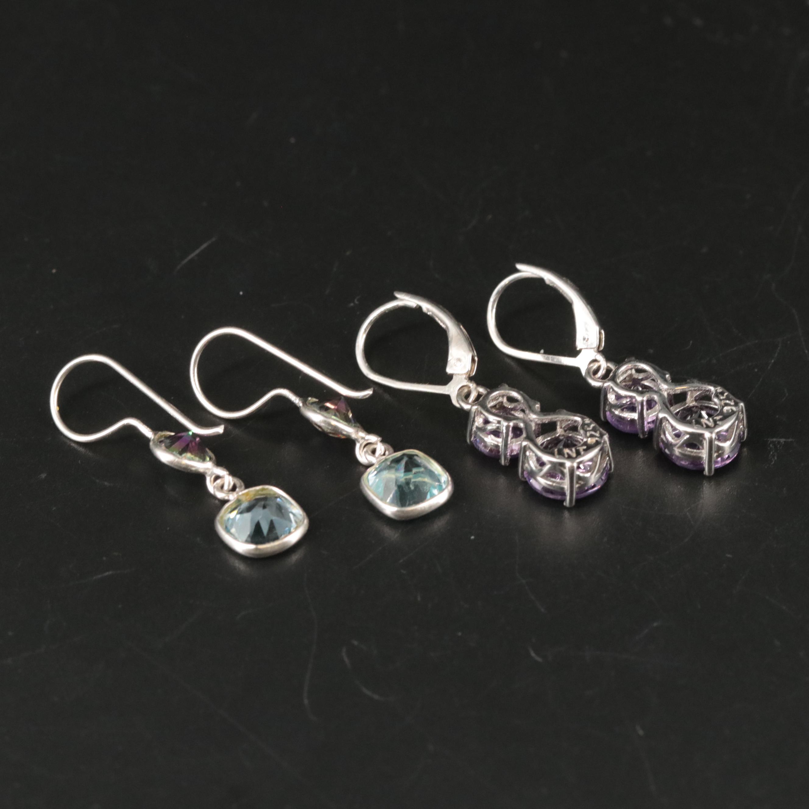 Sterling Amethyst, Blue Topaz and Glass Surface Drop Earrings