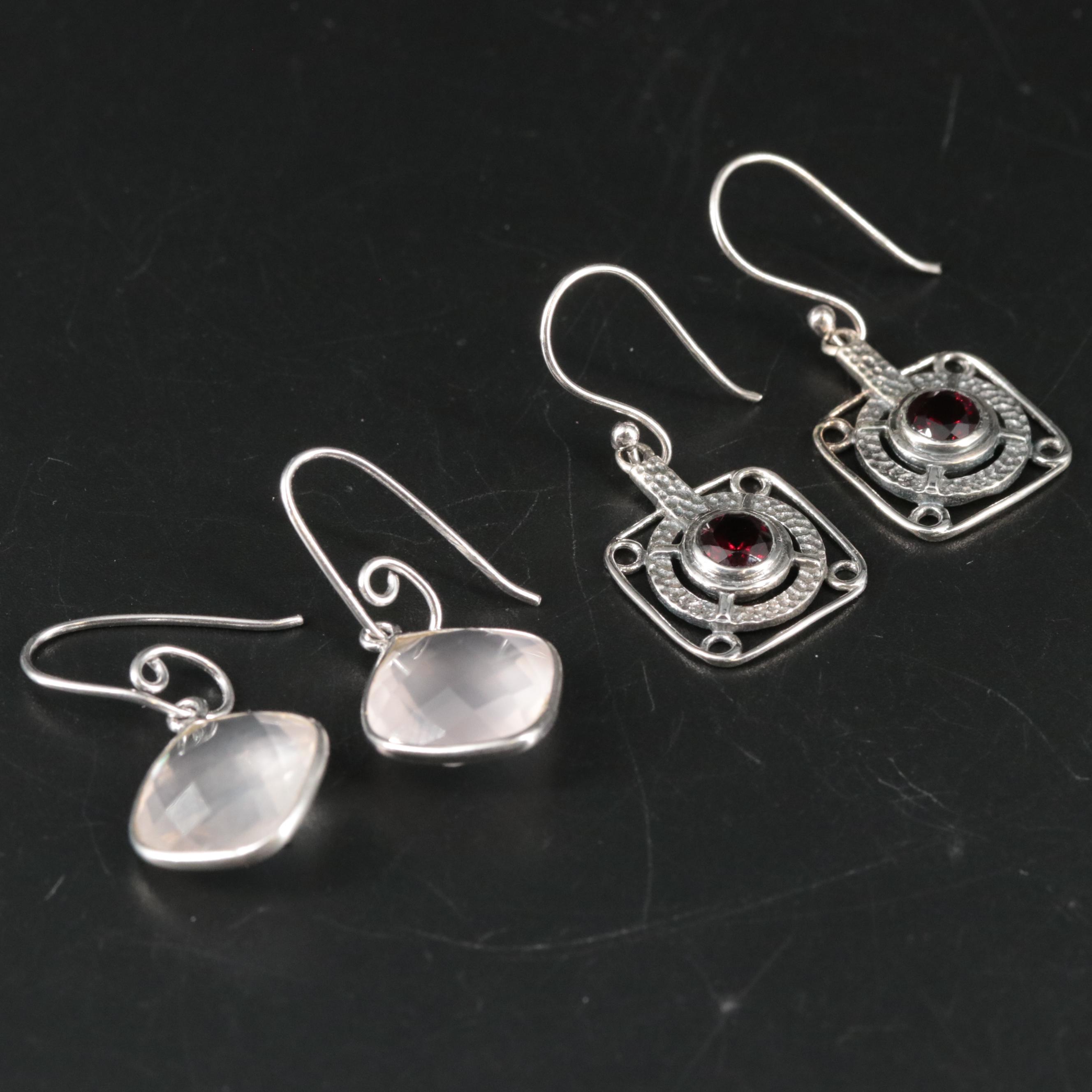 Sterling Garnet and Rose Quartz Dangle Earrings