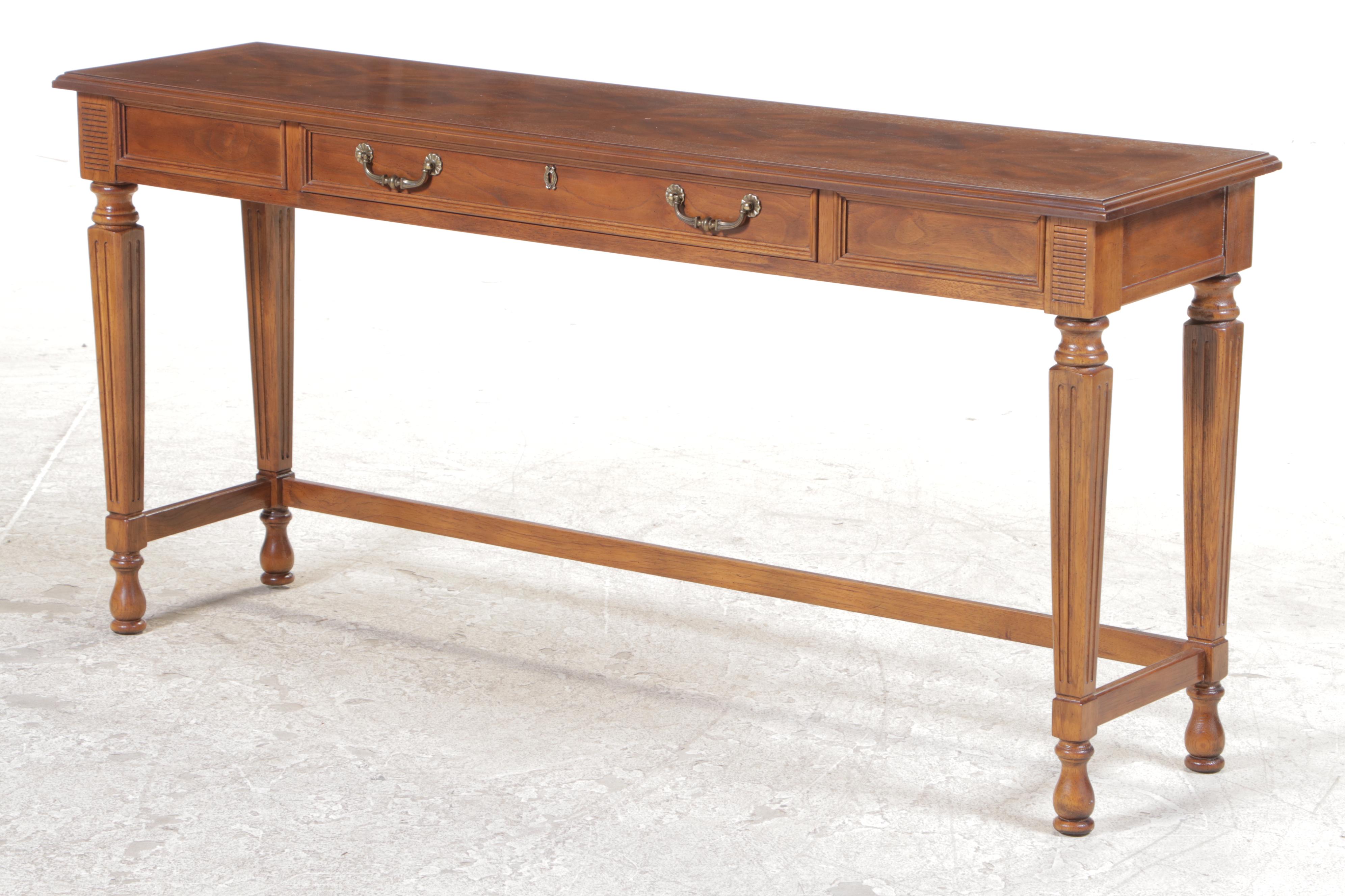 Drexel "Italian" Walnut and Ash Console Table with Two Custom-Upholstered Stools