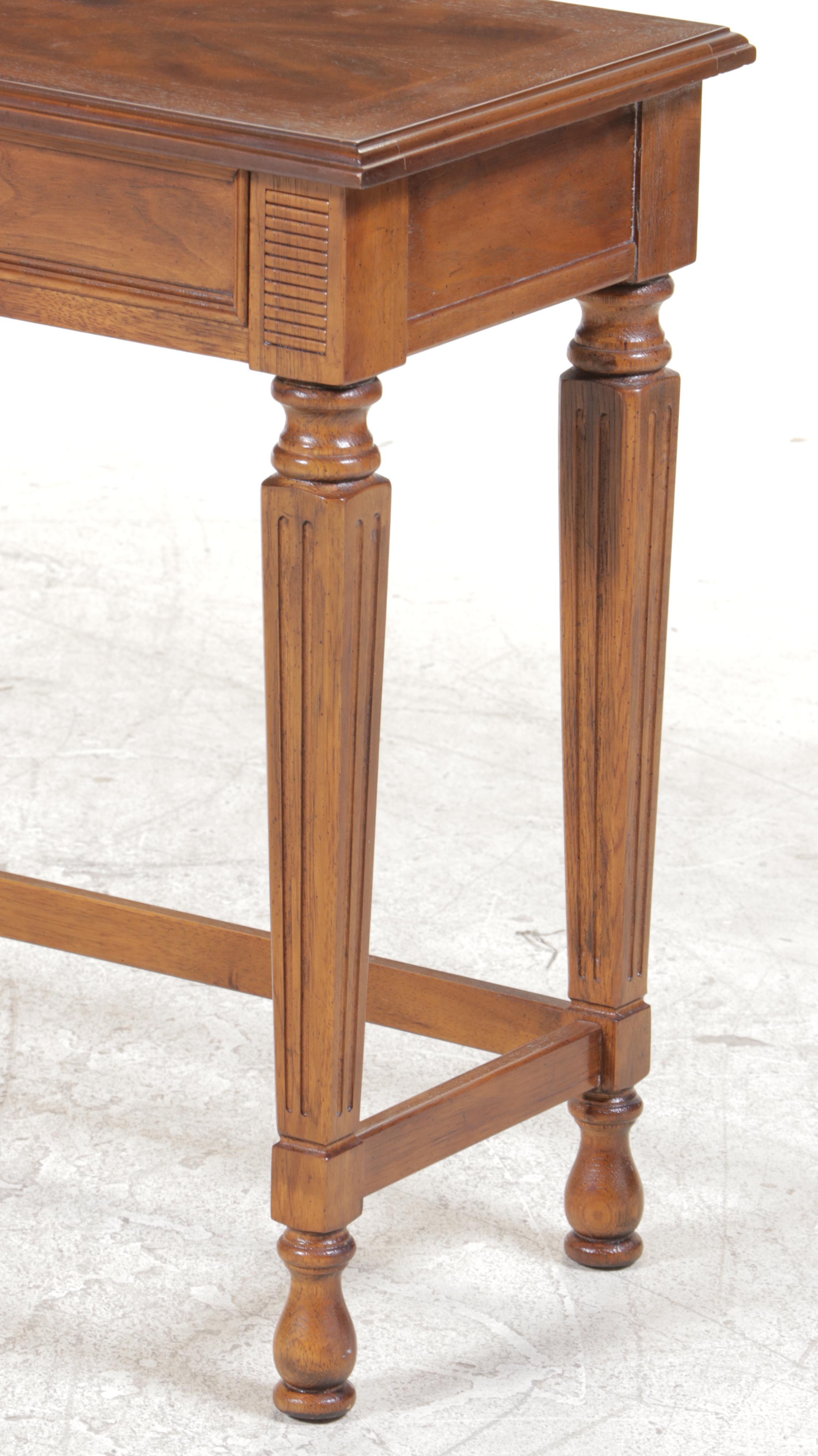 Drexel "Italian" Walnut and Ash Console Table with Two Custom-Upholstered Stools