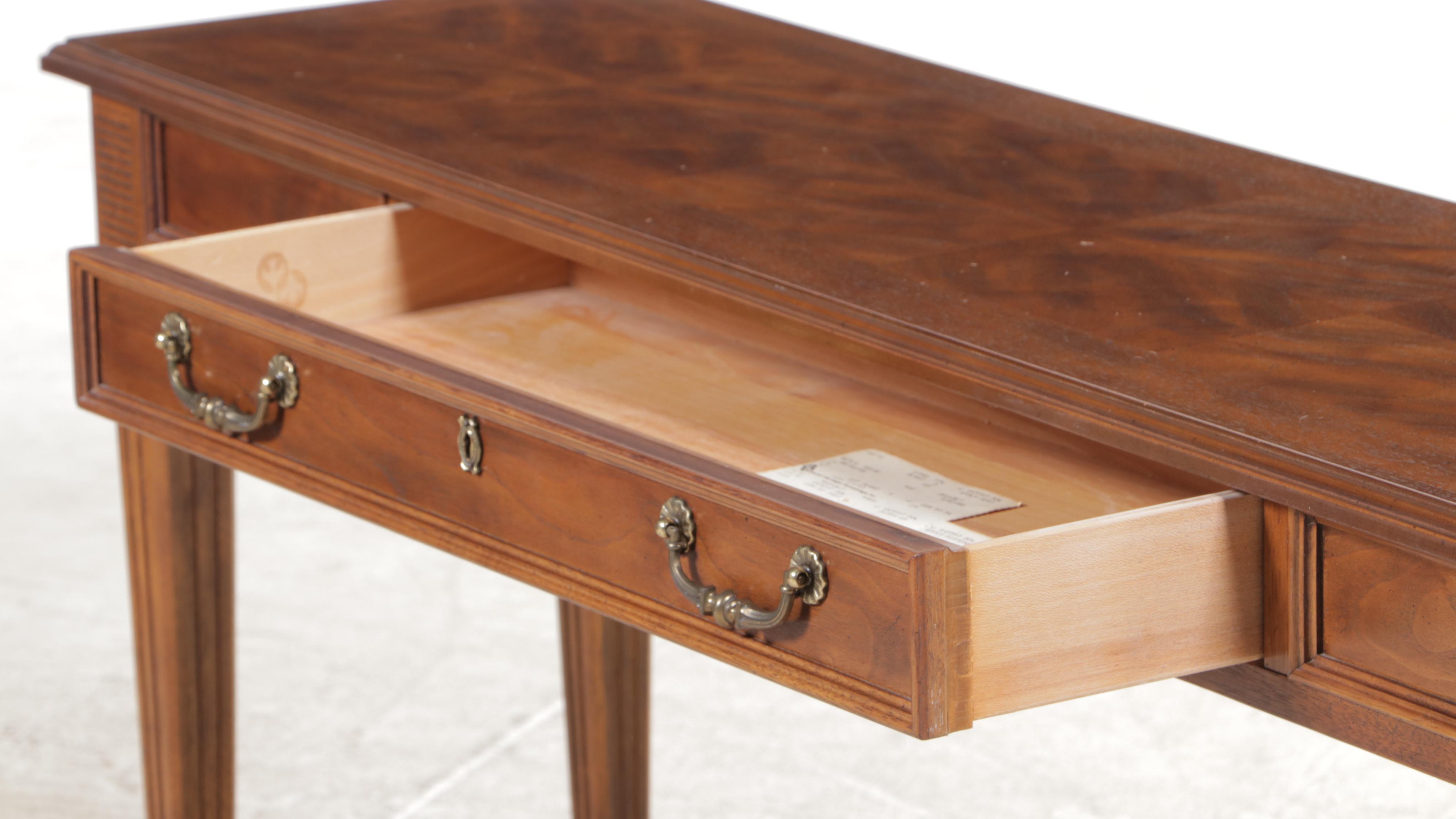 Drexel "Italian" Walnut and Ash Console Table with Two Custom-Upholstered Stools