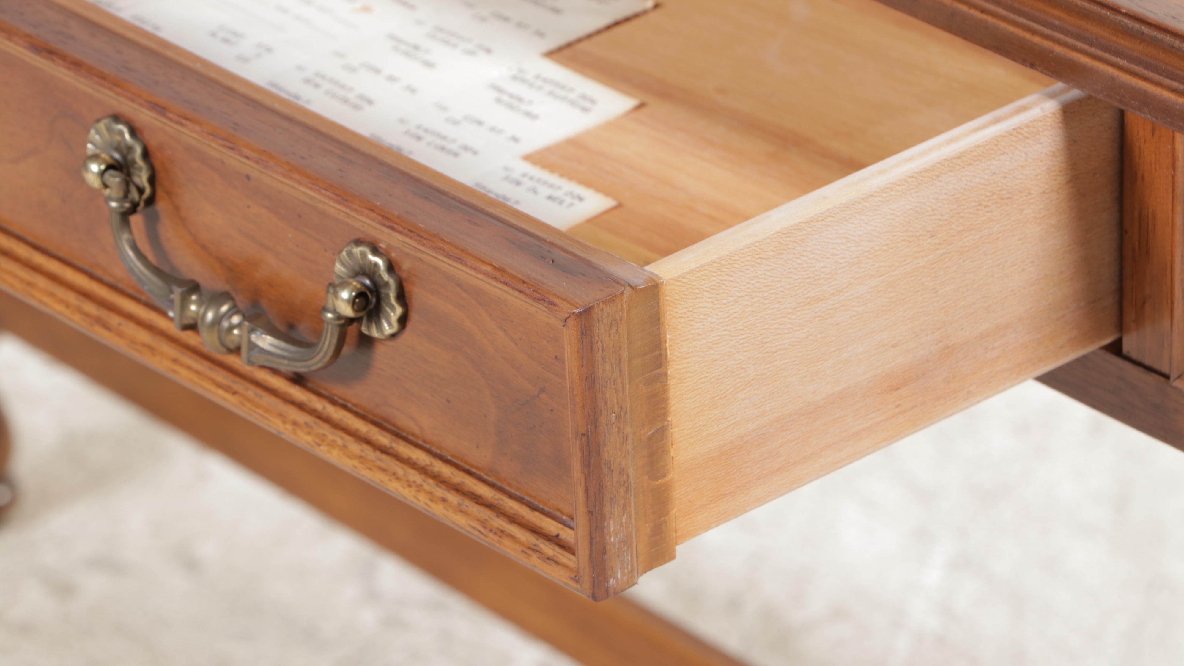 Drexel "Italian" Walnut and Ash Console Table with Two Custom-Upholstered Stools