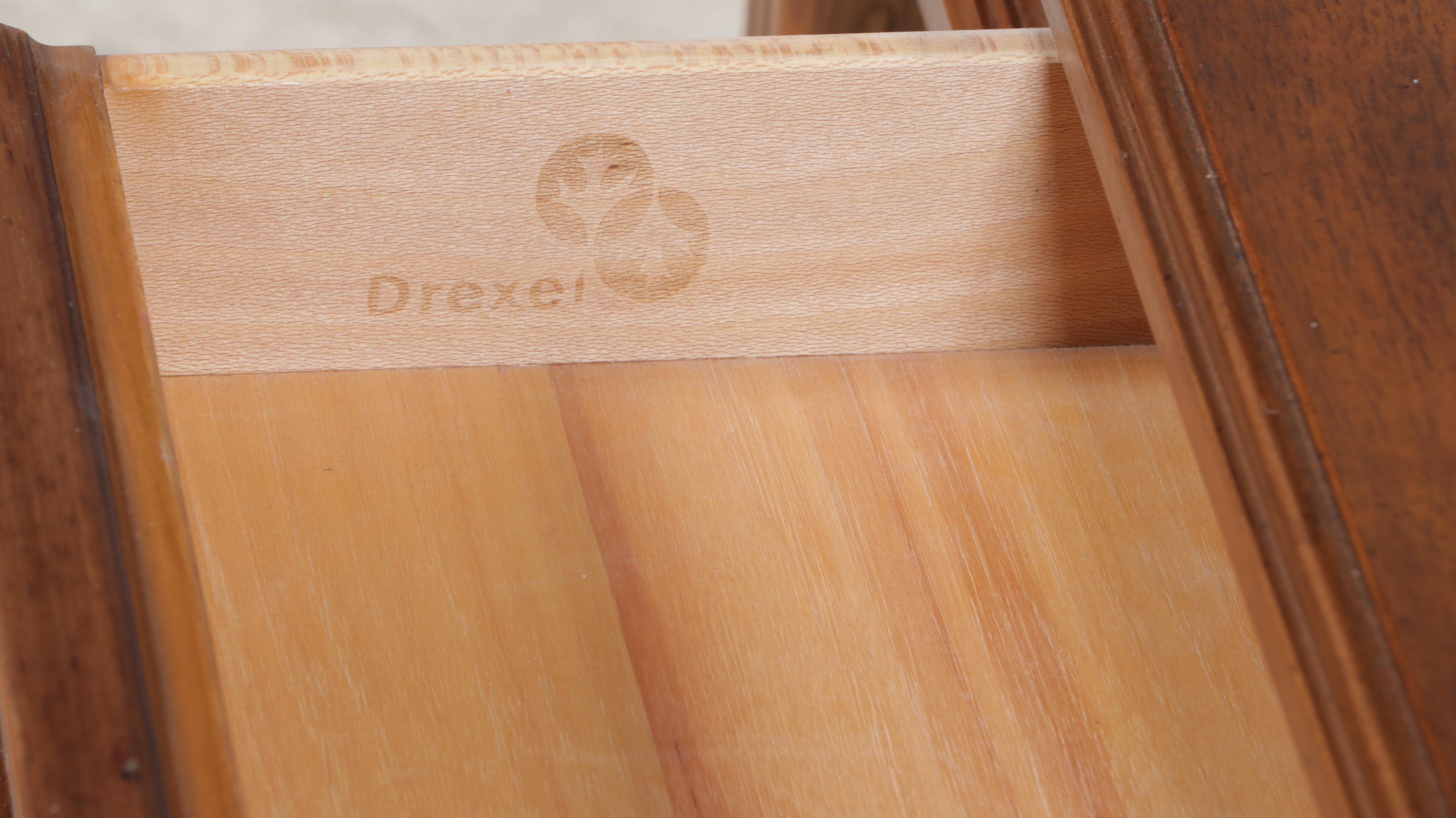 Drexel "Italian" Walnut and Ash Console Table with Two Custom-Upholstered Stools