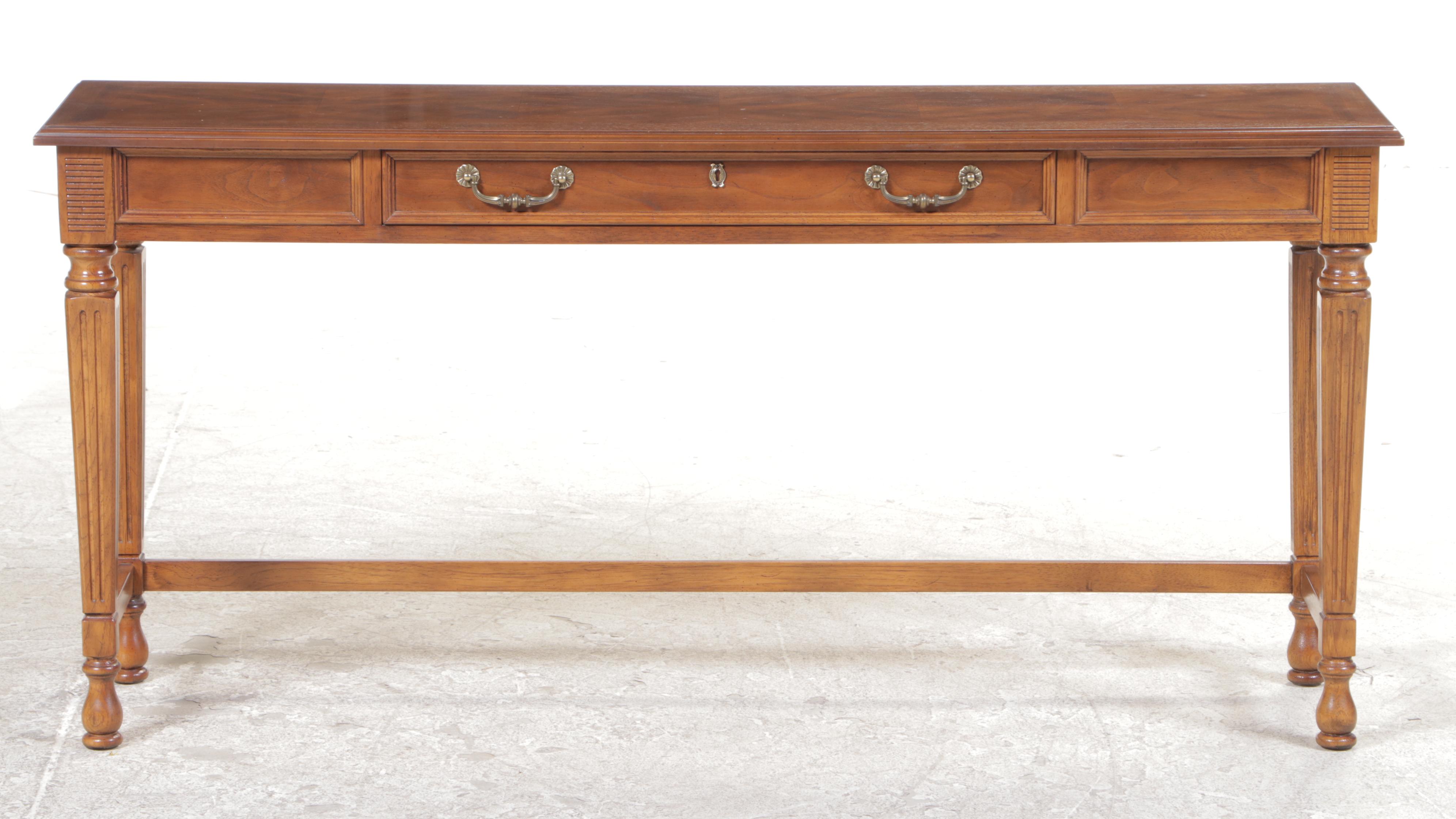 Drexel "Italian" Walnut and Ash Console Table with Two Custom-Upholstered Stools