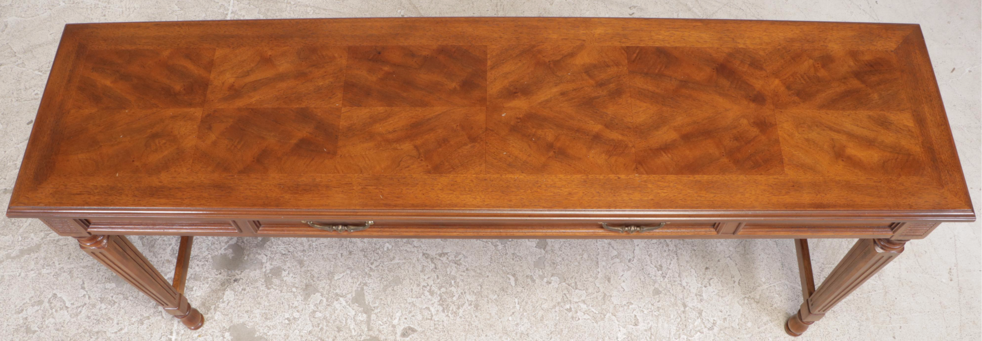 Drexel "Italian" Walnut and Ash Console Table with Two Custom-Upholstered Stools