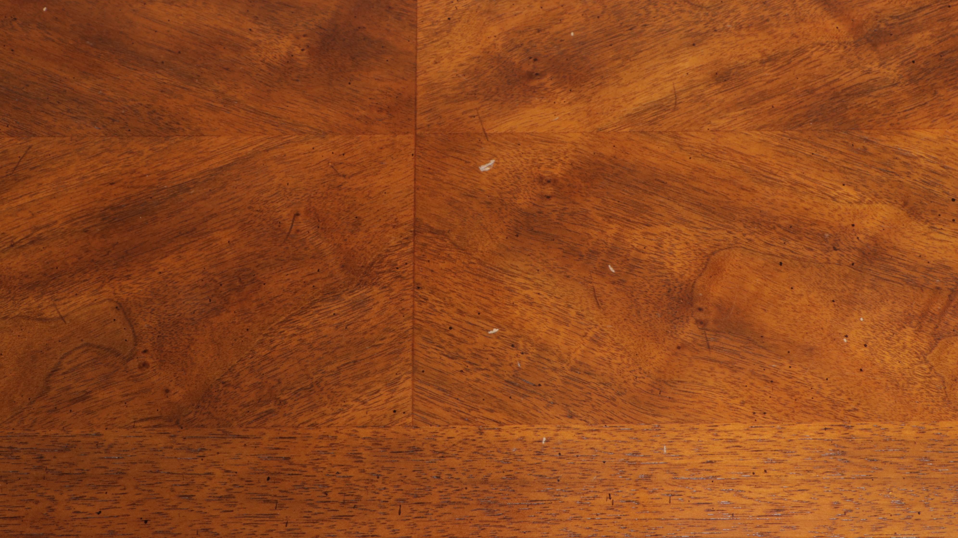 Drexel "Italian" Walnut and Ash Console Table with Two Custom-Upholstered Stools