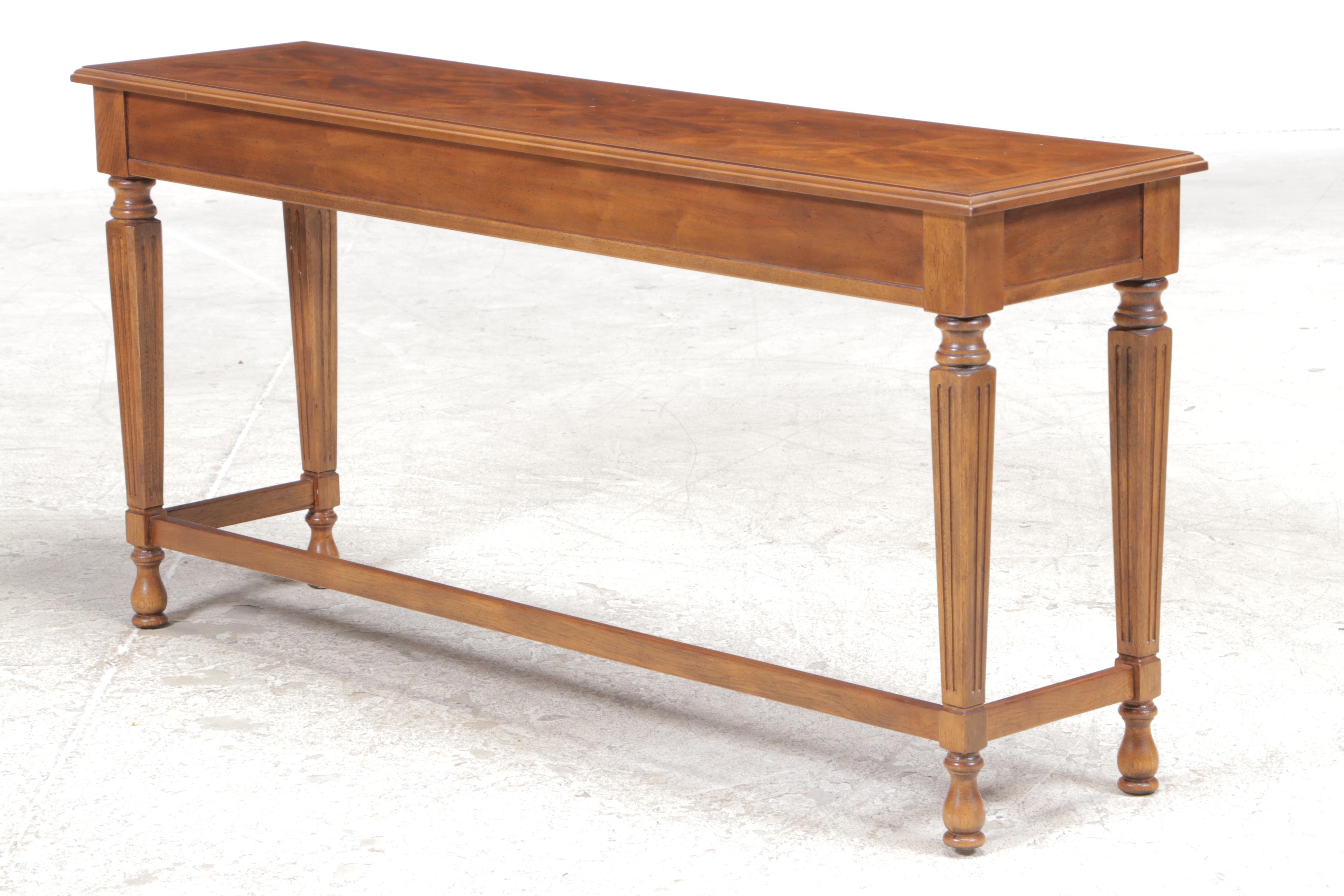 Drexel "Italian" Walnut and Ash Console Table with Two Custom-Upholstered Stools