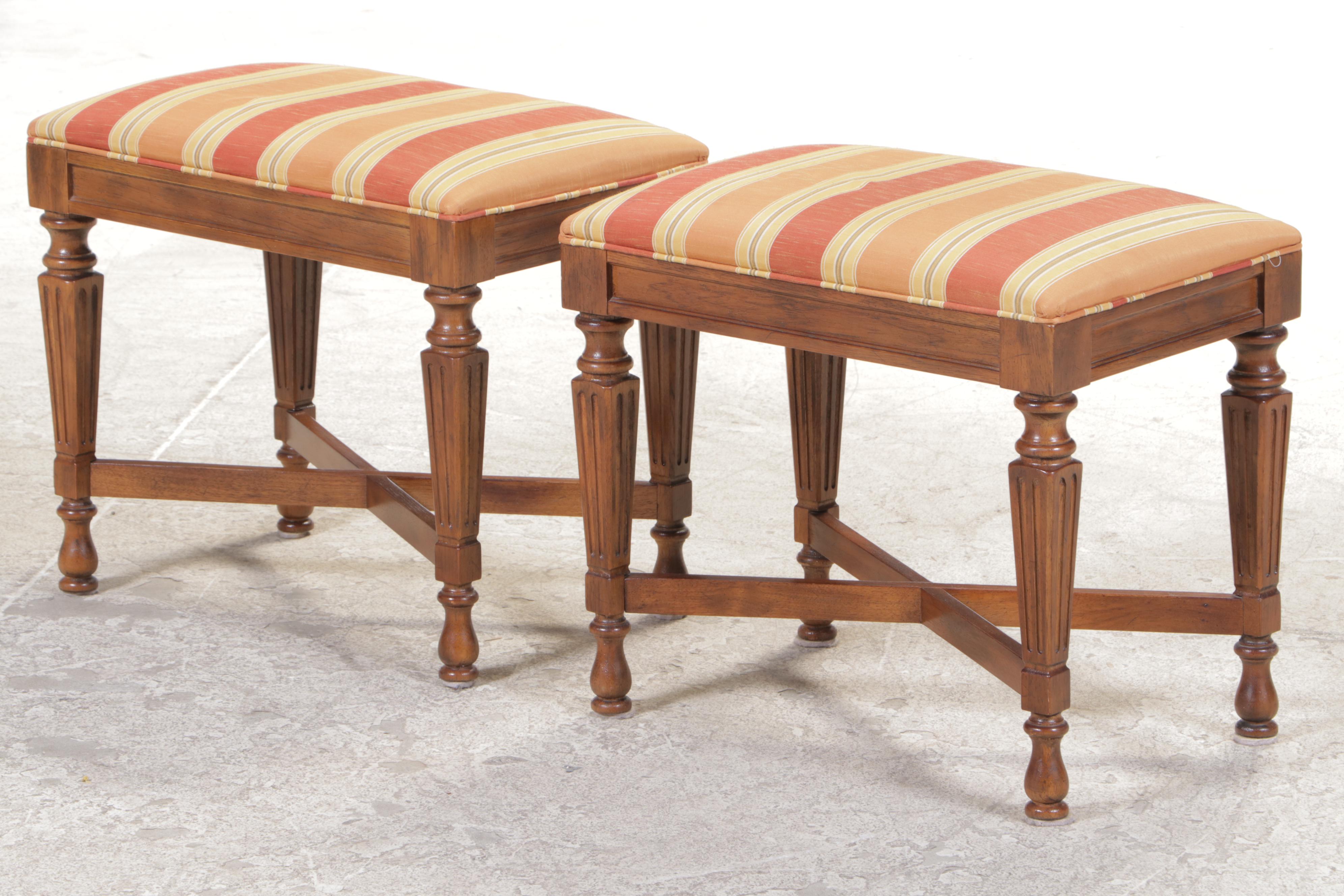 Drexel "Italian" Walnut and Ash Console Table with Two Custom-Upholstered Stools