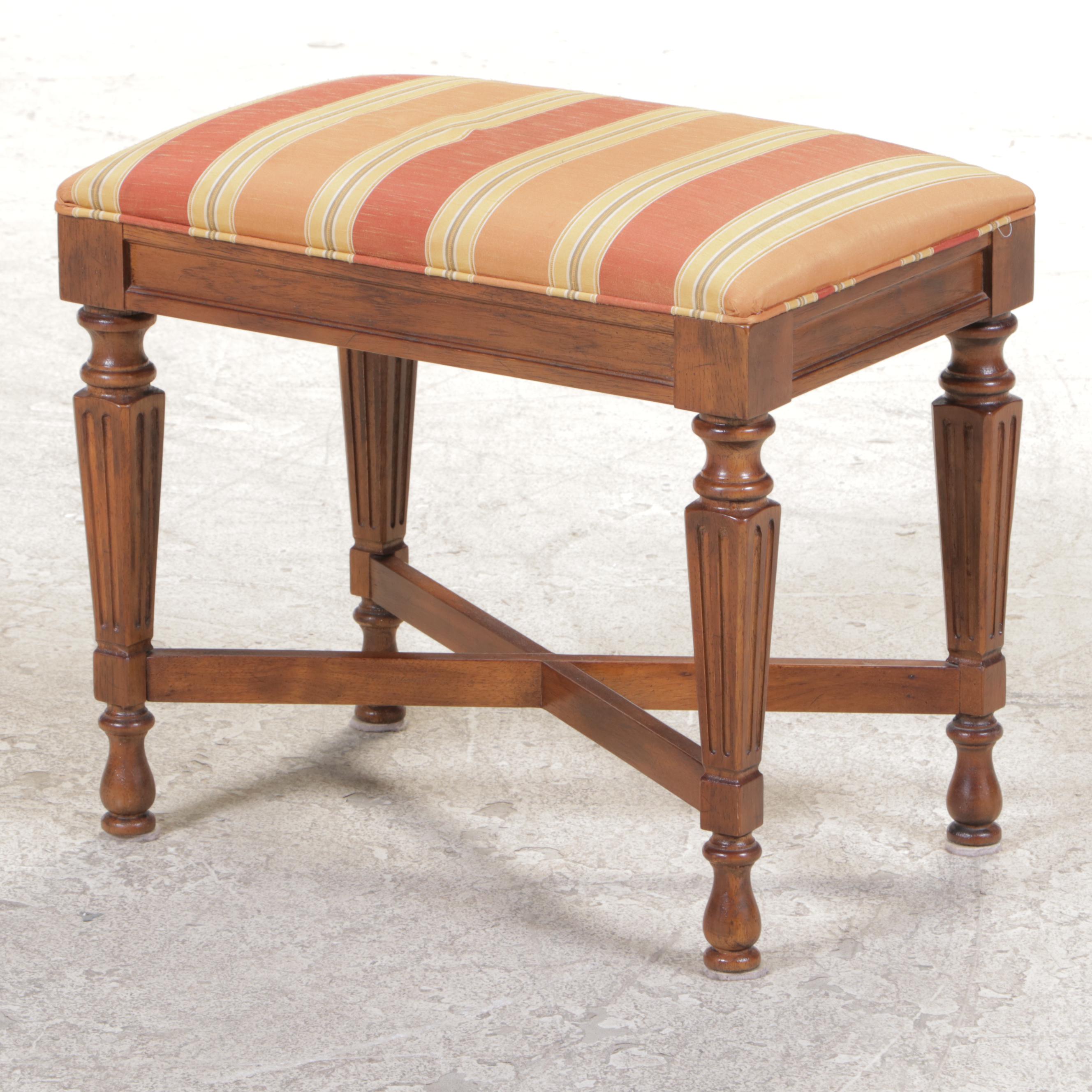 Drexel "Italian" Walnut and Ash Console Table with Two Custom-Upholstered Stools