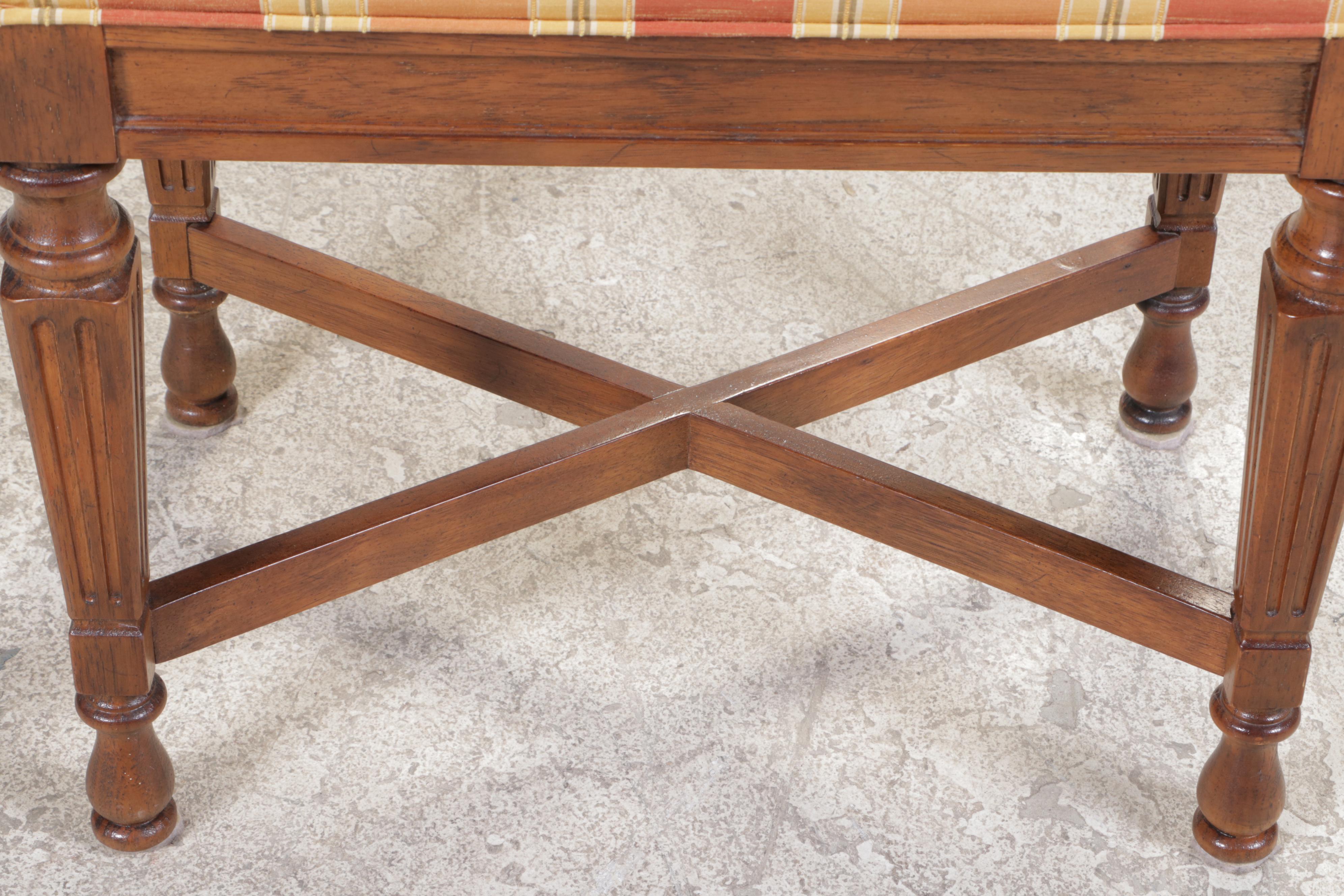 Drexel "Italian" Walnut and Ash Console Table with Two Custom-Upholstered Stools