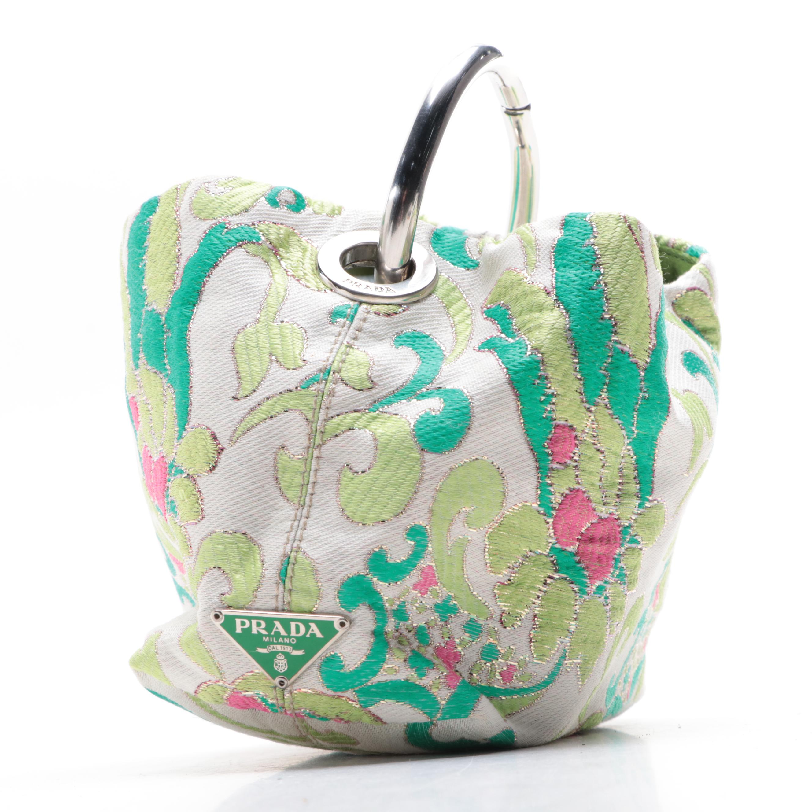 Prada Mini Metal Ring Bag in Brocade Fabric with Leather Trim