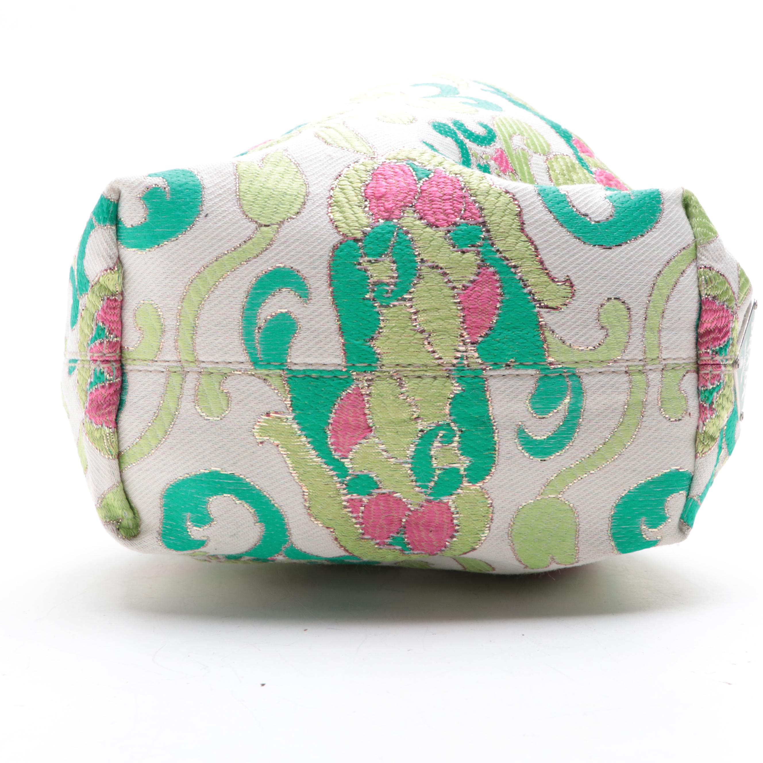 Prada Mini Metal Ring Bag in Brocade Fabric with Leather Trim