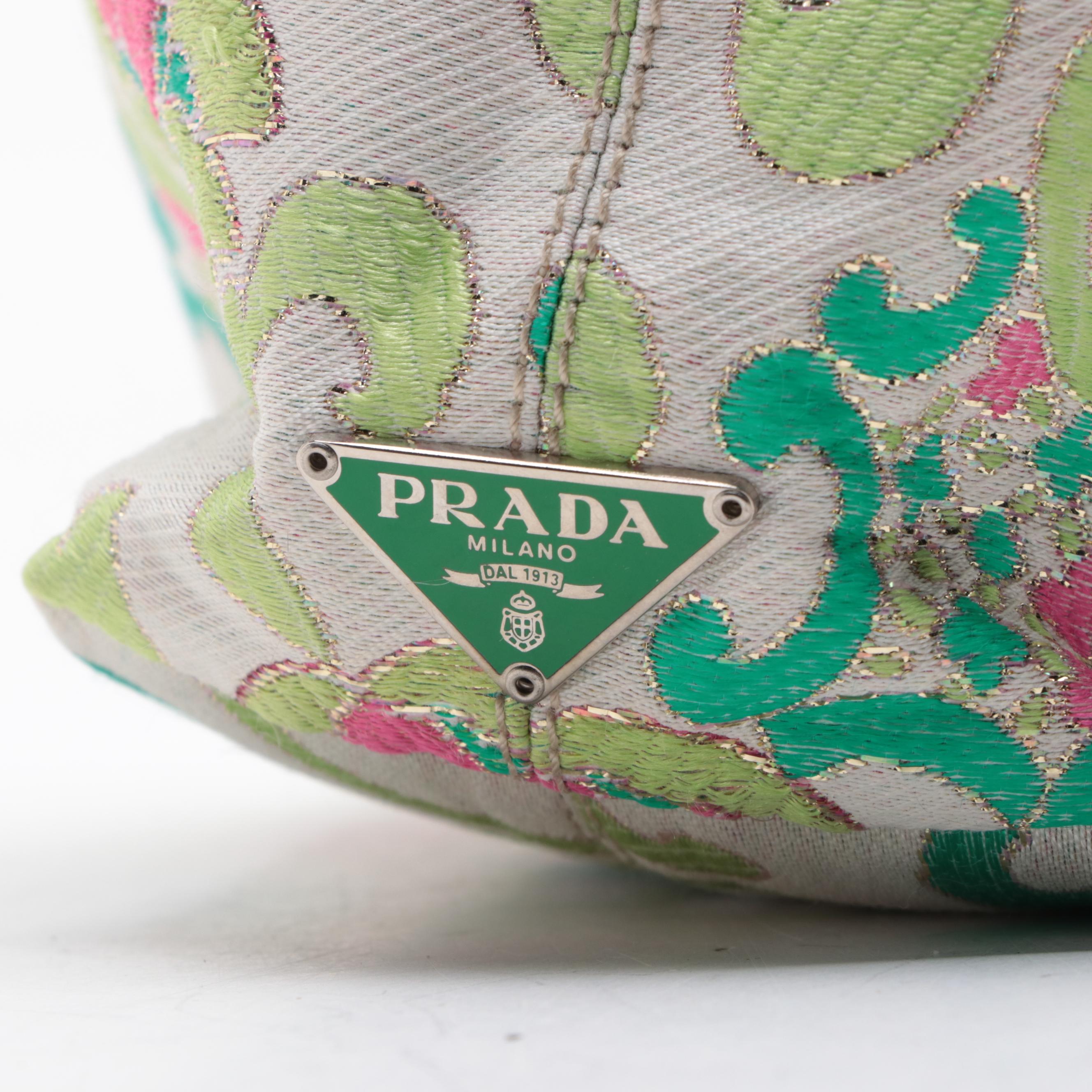 Prada Mini Metal Ring Bag in Brocade Fabric with Leather Trim
