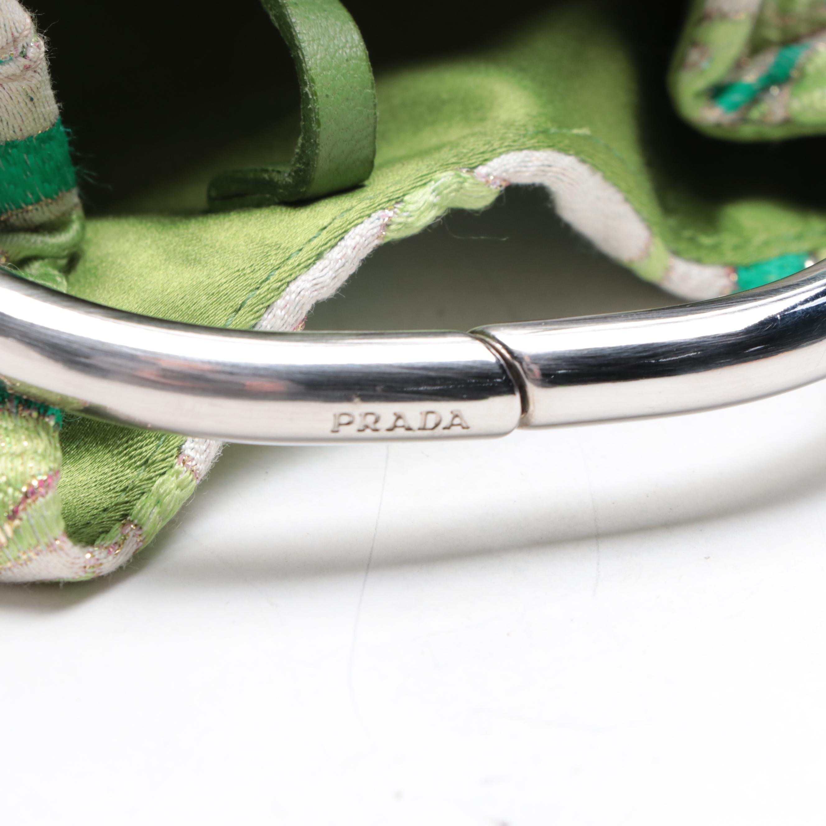 Prada Mini Metal Ring Bag in Brocade Fabric with Leather Trim