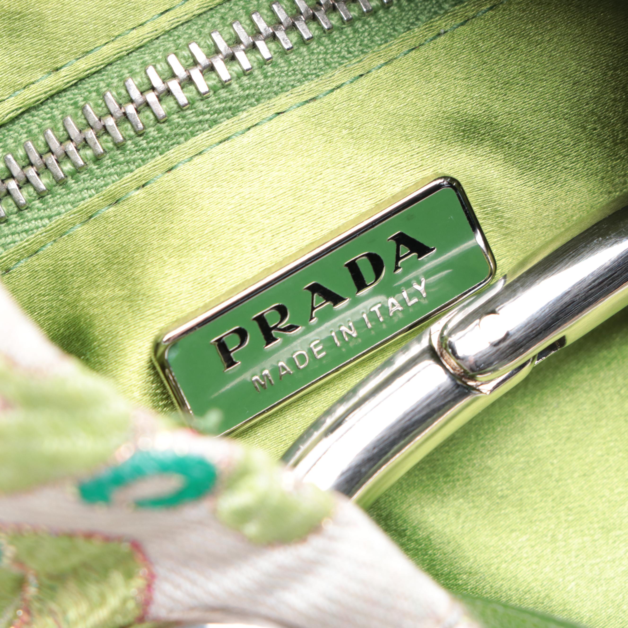 Prada Mini Metal Ring Bag in Brocade Fabric with Leather Trim