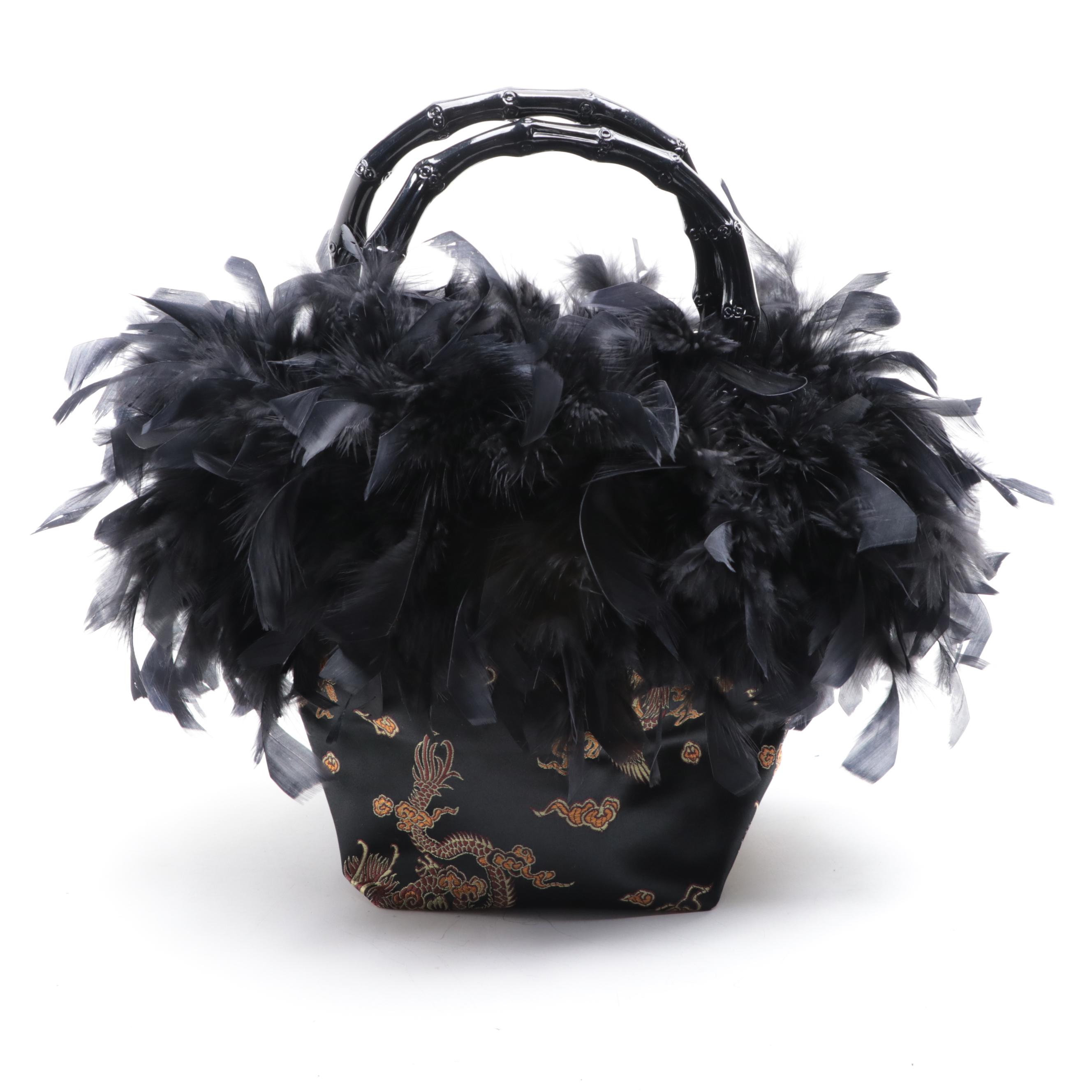Textile Handbags with Lacquered Bamboo Handles and Feather Trim