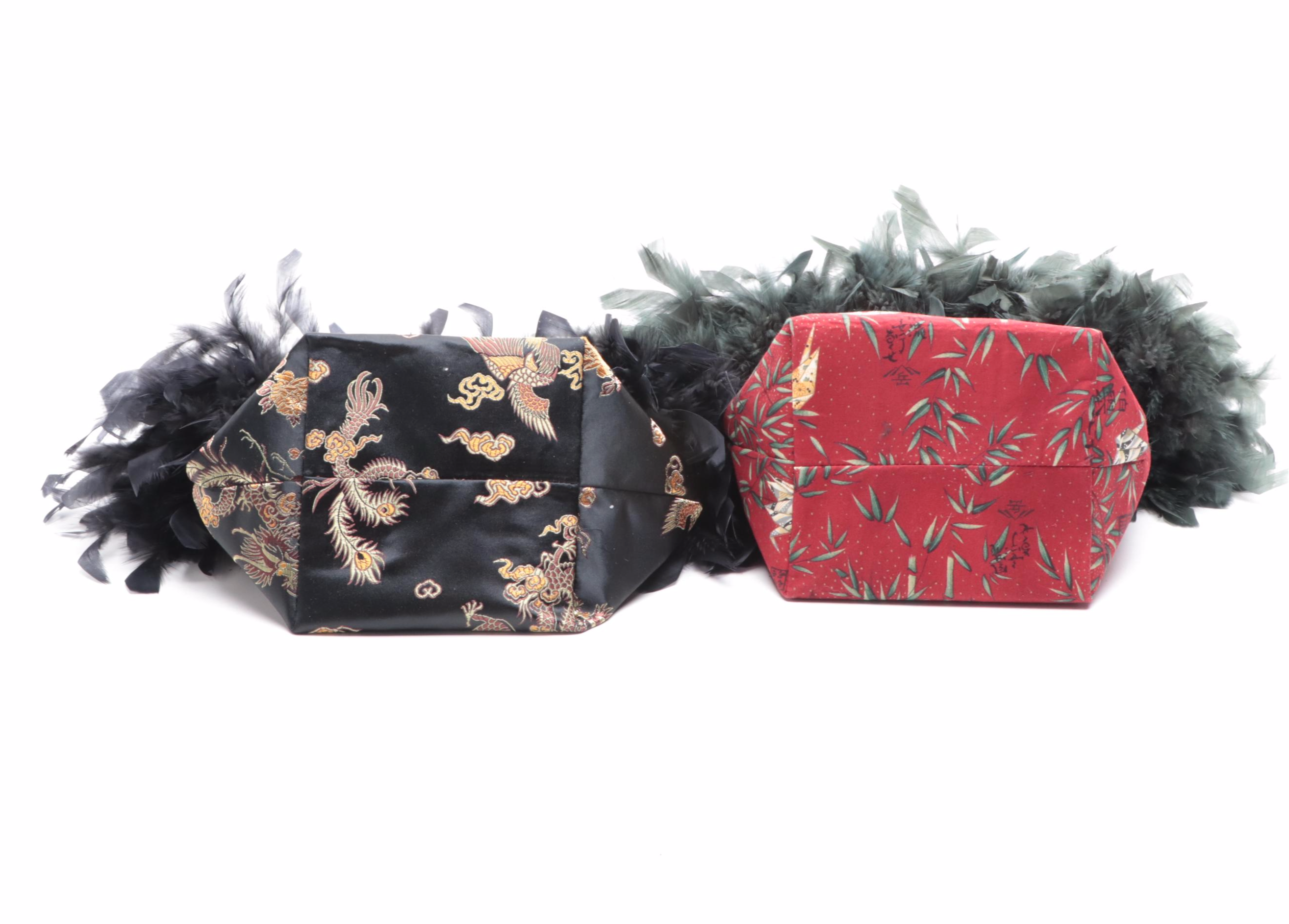Textile Handbags with Lacquered Bamboo Handles and Feather Trim