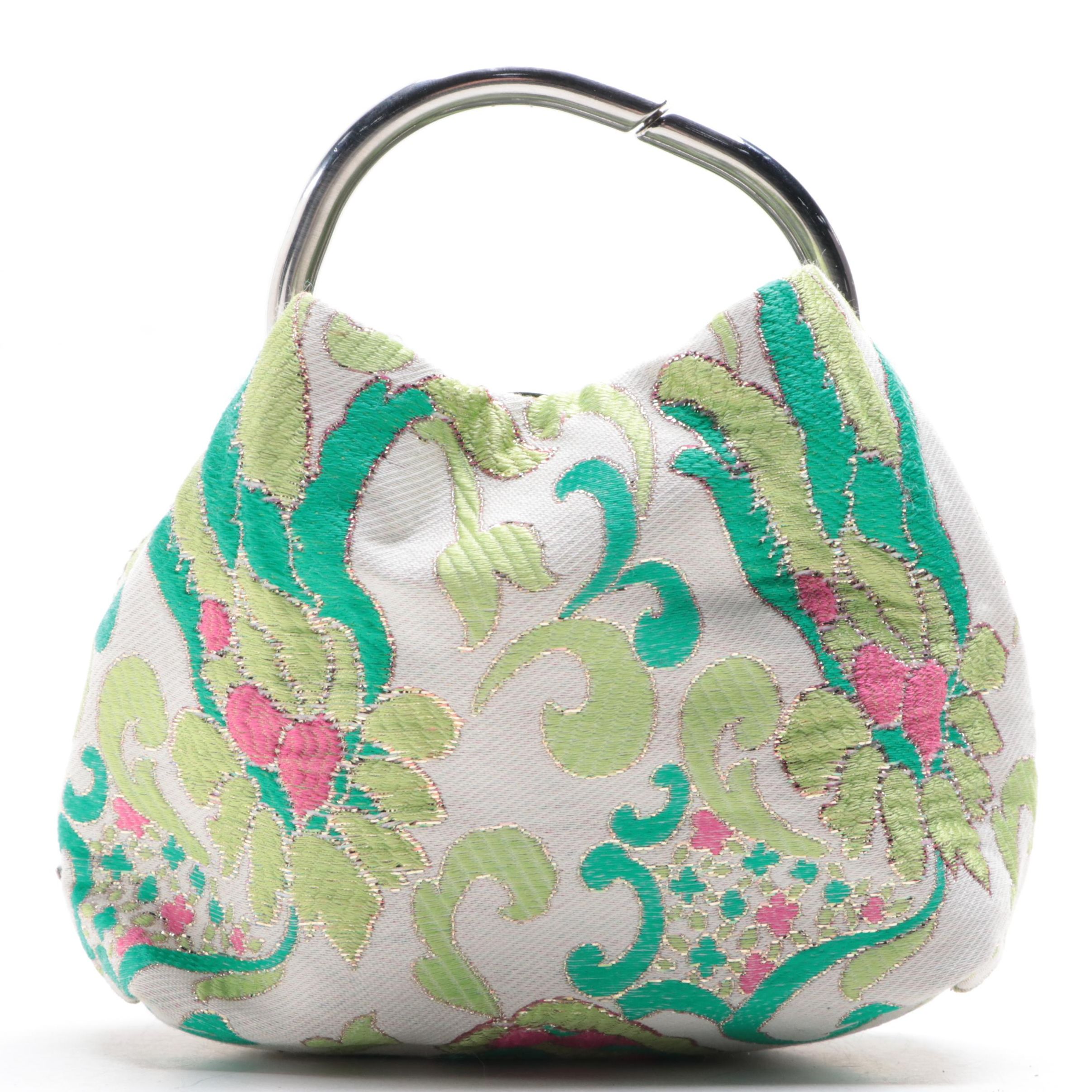 Prada Mini Metal Ring Bag in Brocade Fabric with Leather Trim