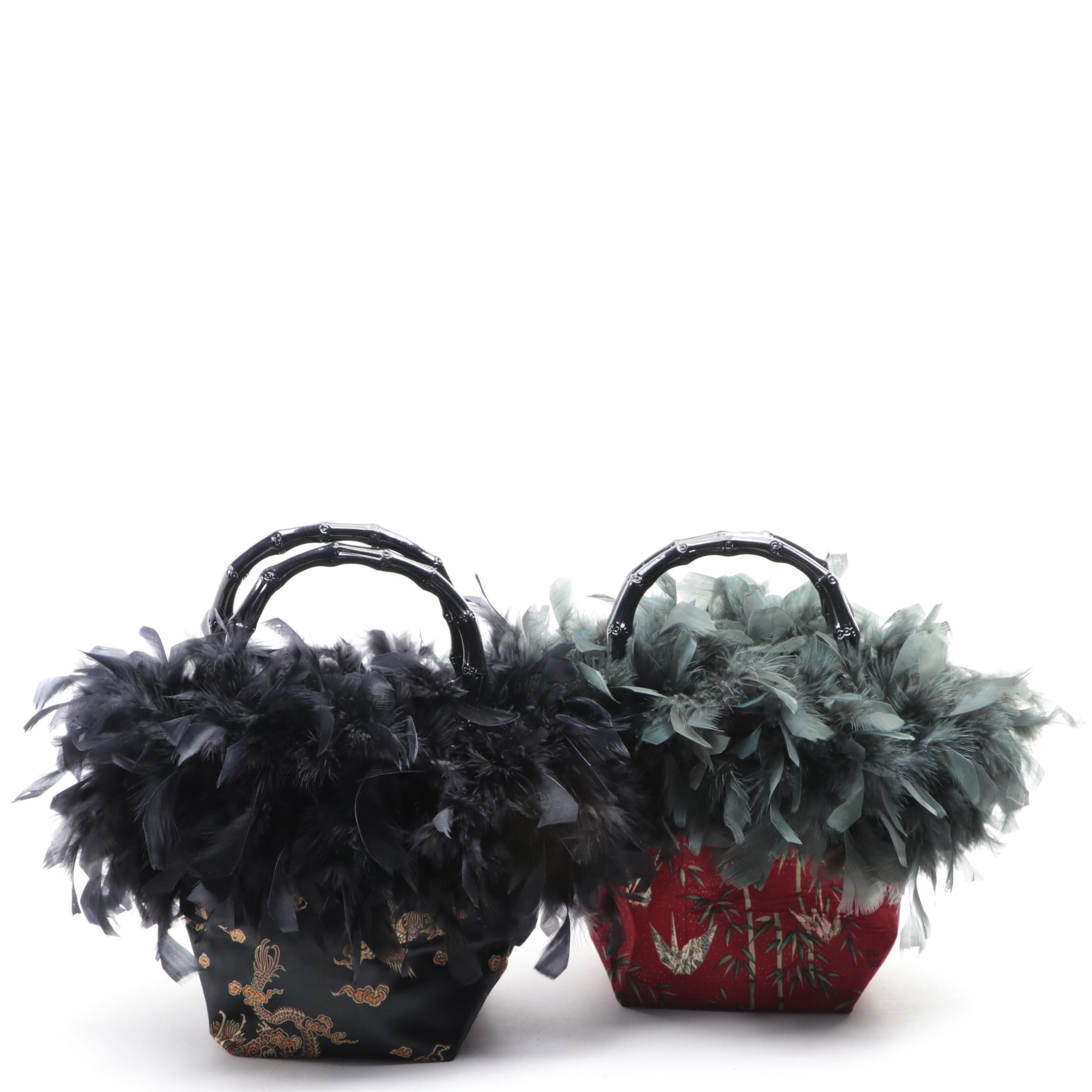 Textile Handbags with Lacquered Bamboo Handles and Feather Trim