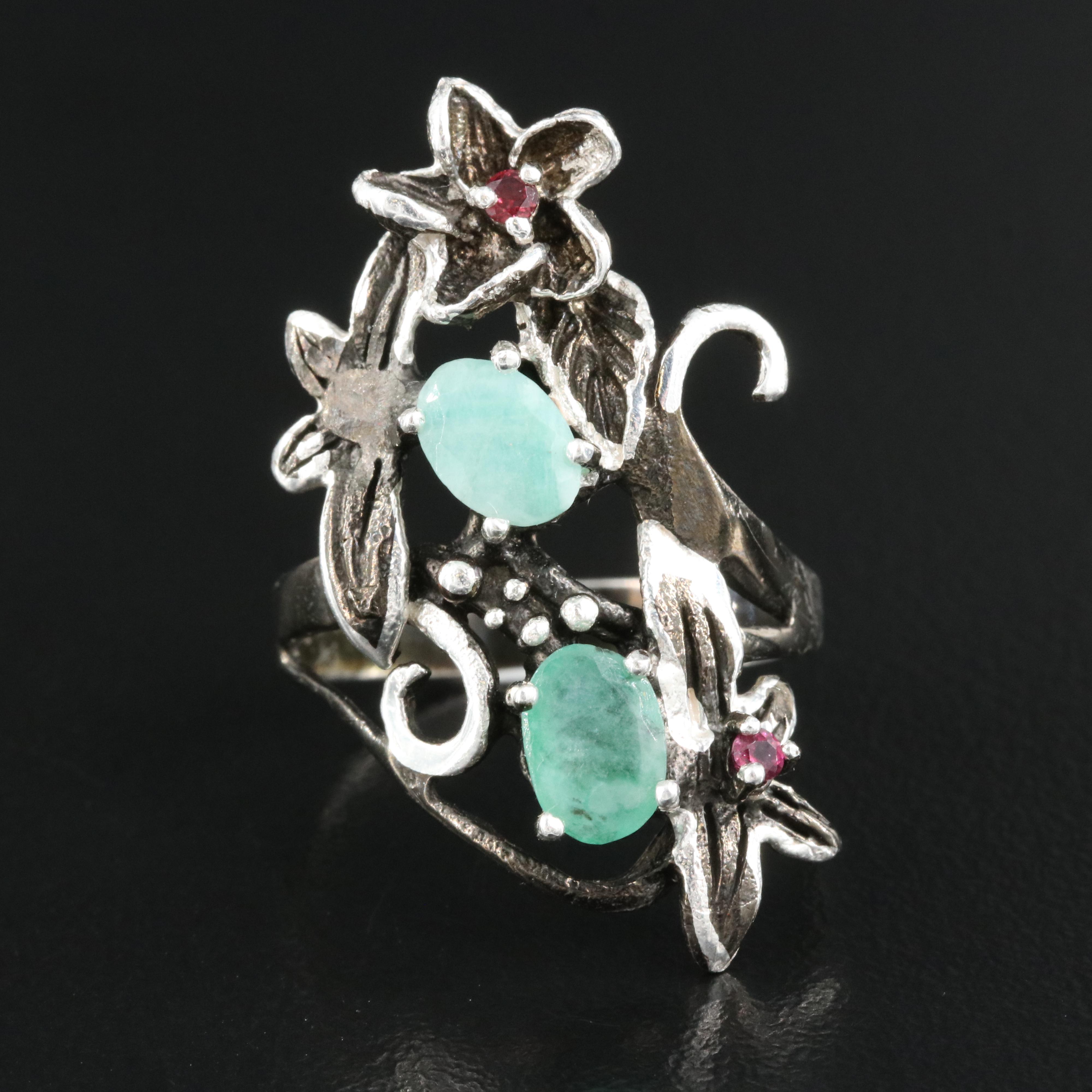 Sterling Emerald and Garnet Floral Ring