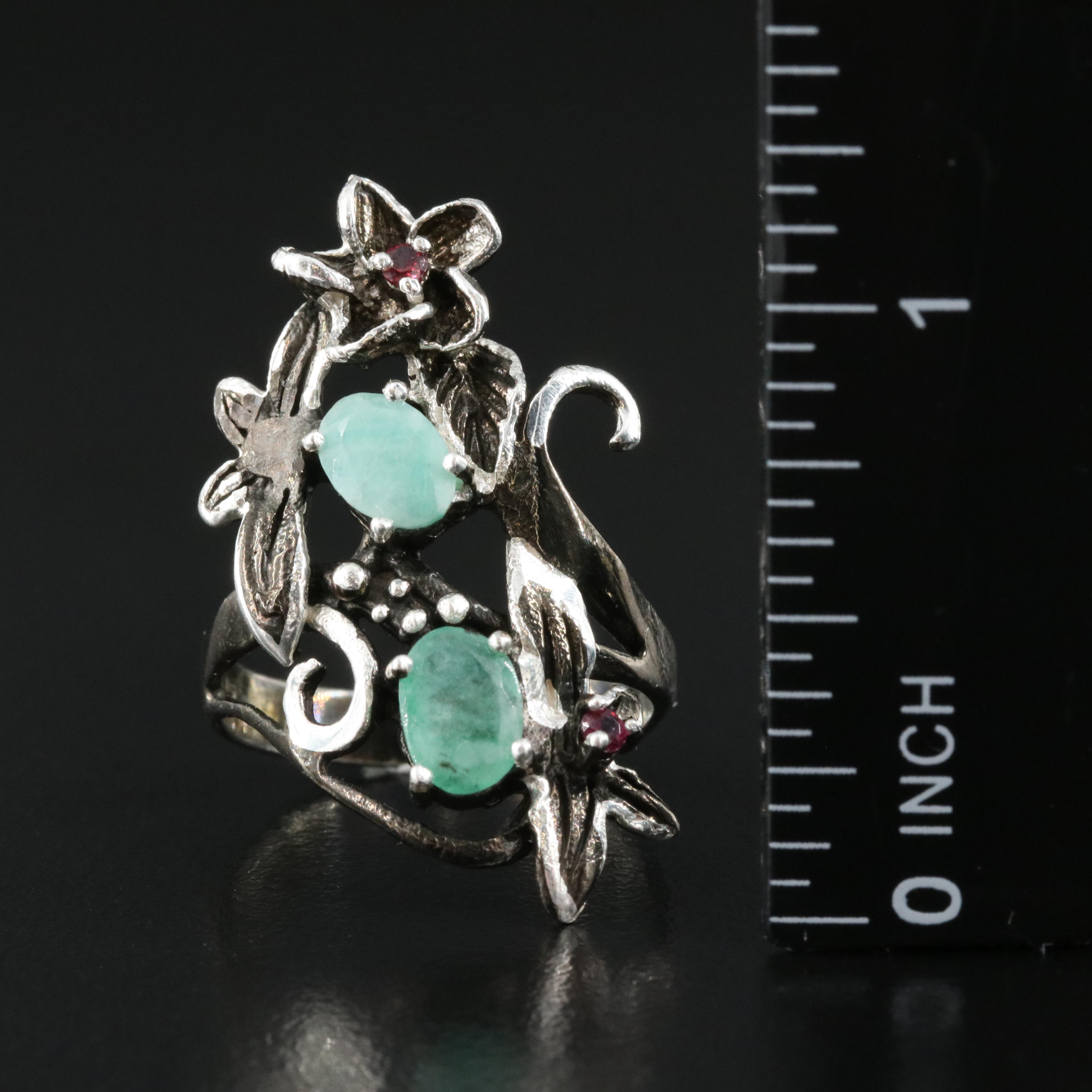 Sterling Emerald and Garnet Floral Ring