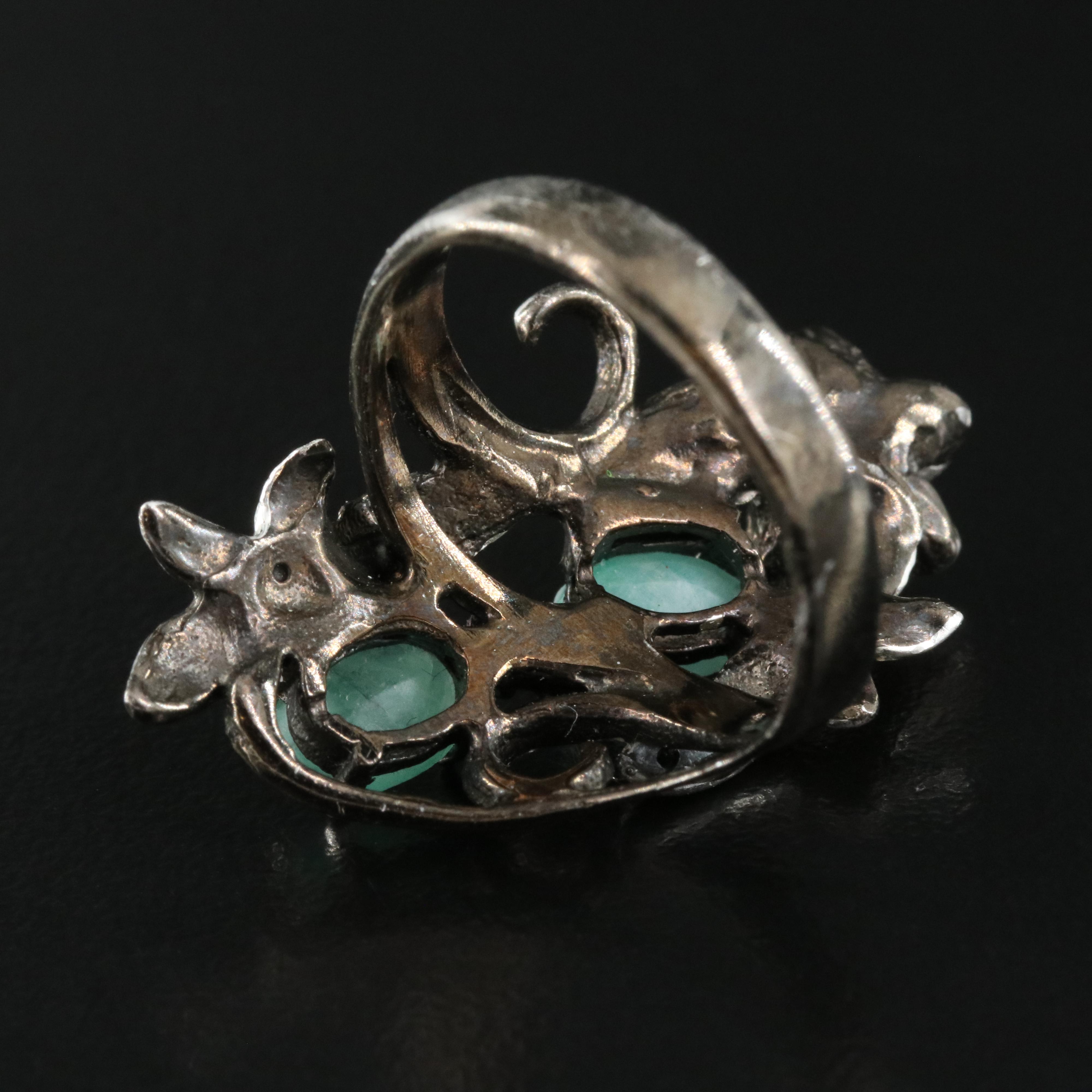 Sterling Emerald and Garnet Floral Ring