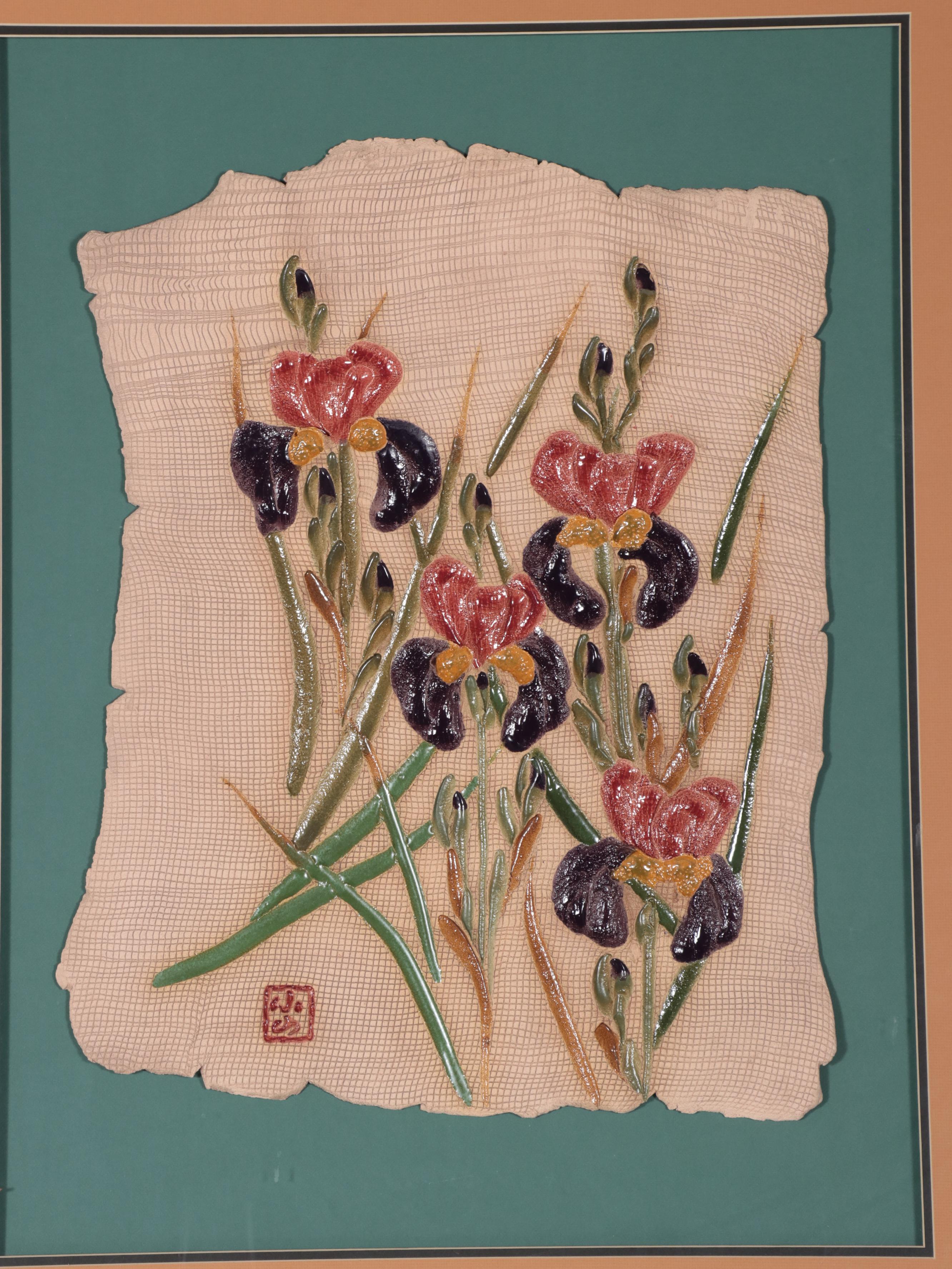 C. C. Lee Floral Clay Wall Sculpture of Irises