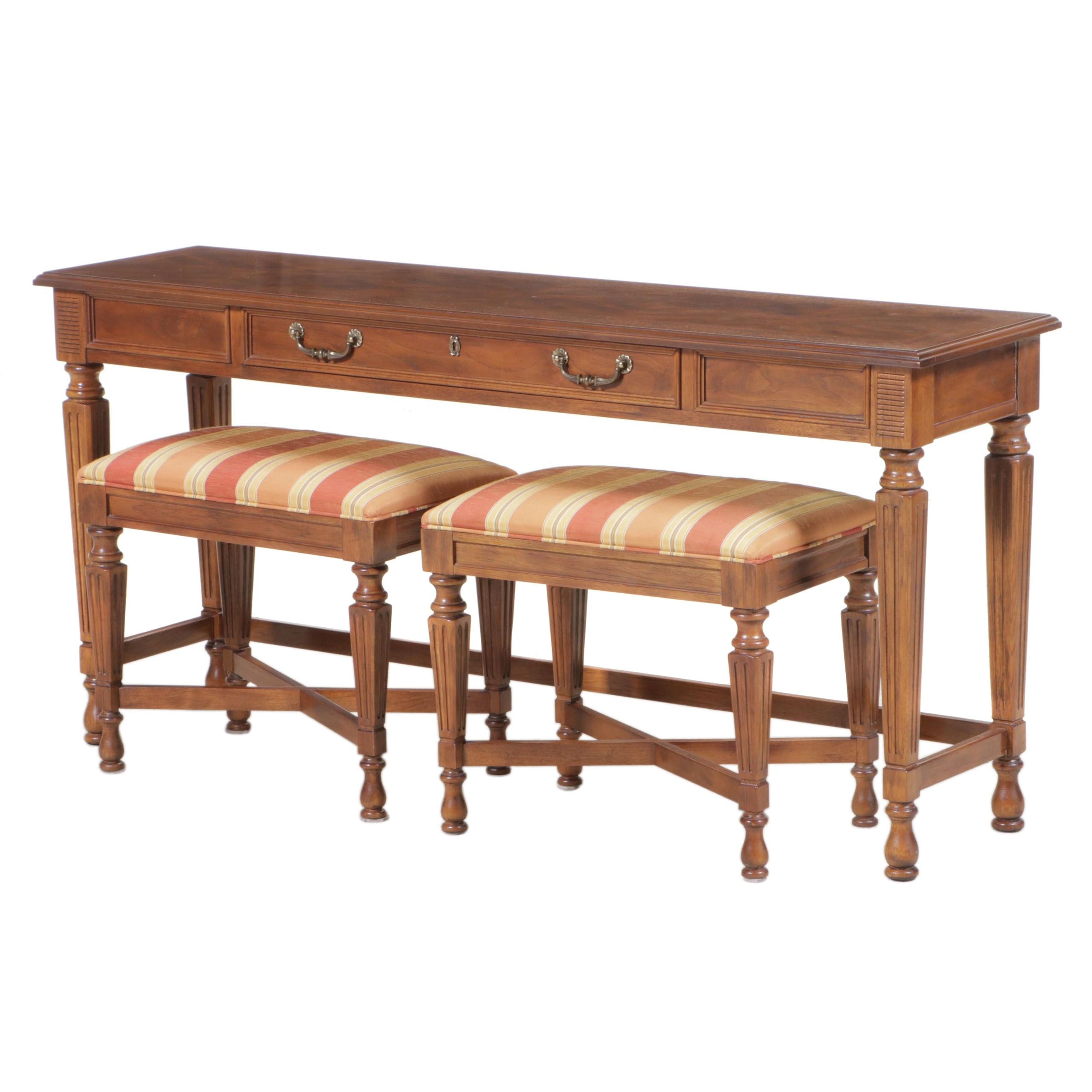 Drexel "Italian" Walnut and Ash Console Table with Two Custom-Upholstered Stools