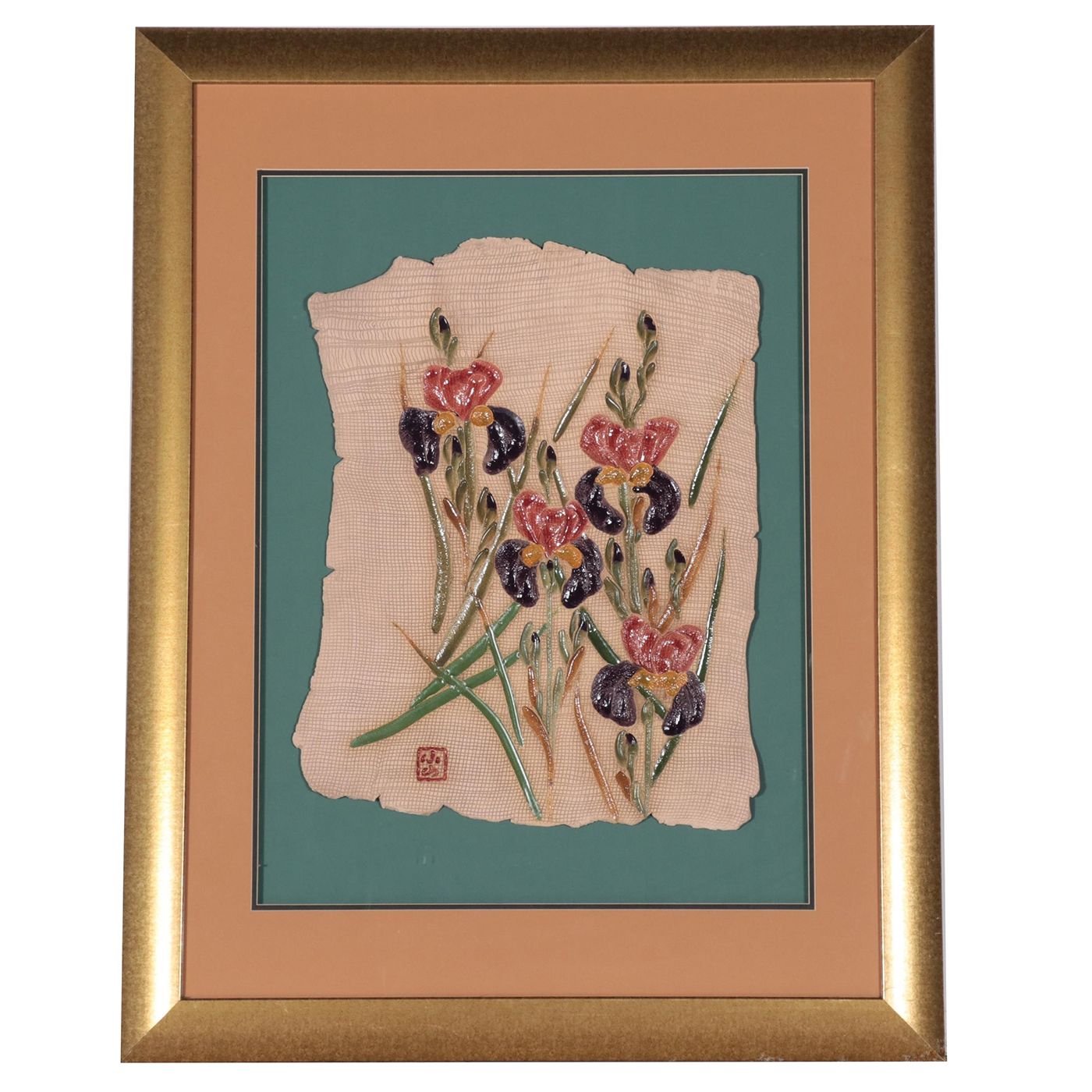 C. C. Lee Floral Clay Wall Sculpture of Irises