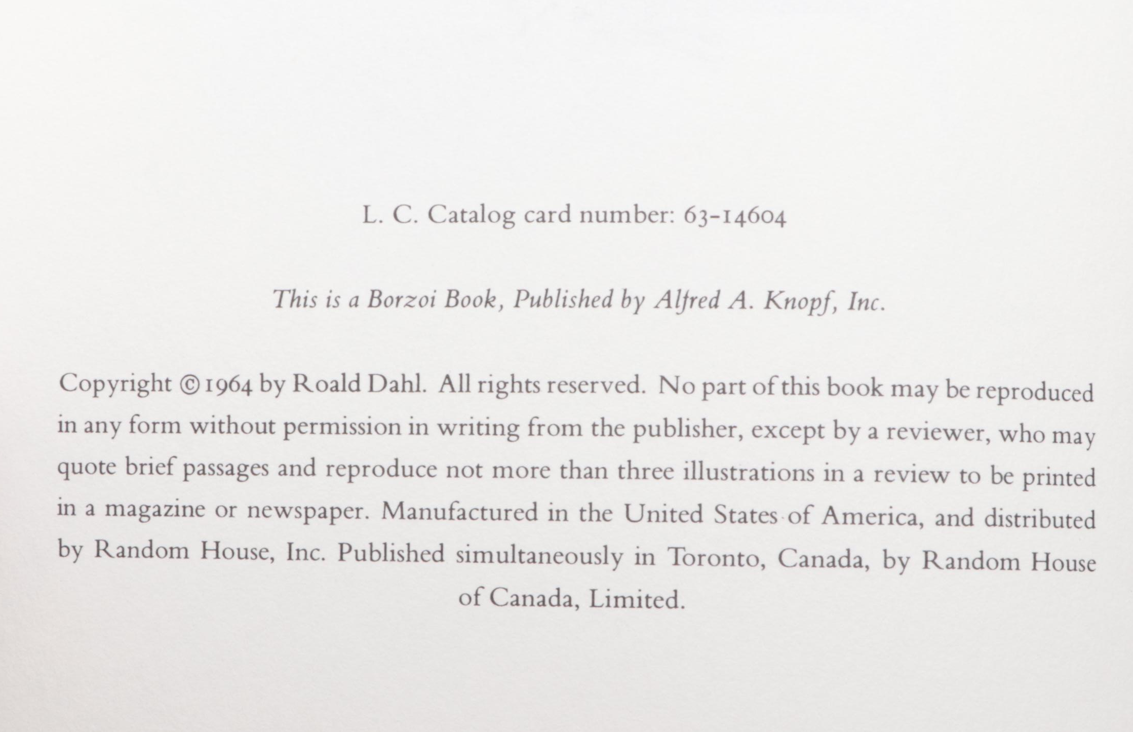 Early Printing "Charlie and the Chocolate Factory" by Roald Dahl, 1964