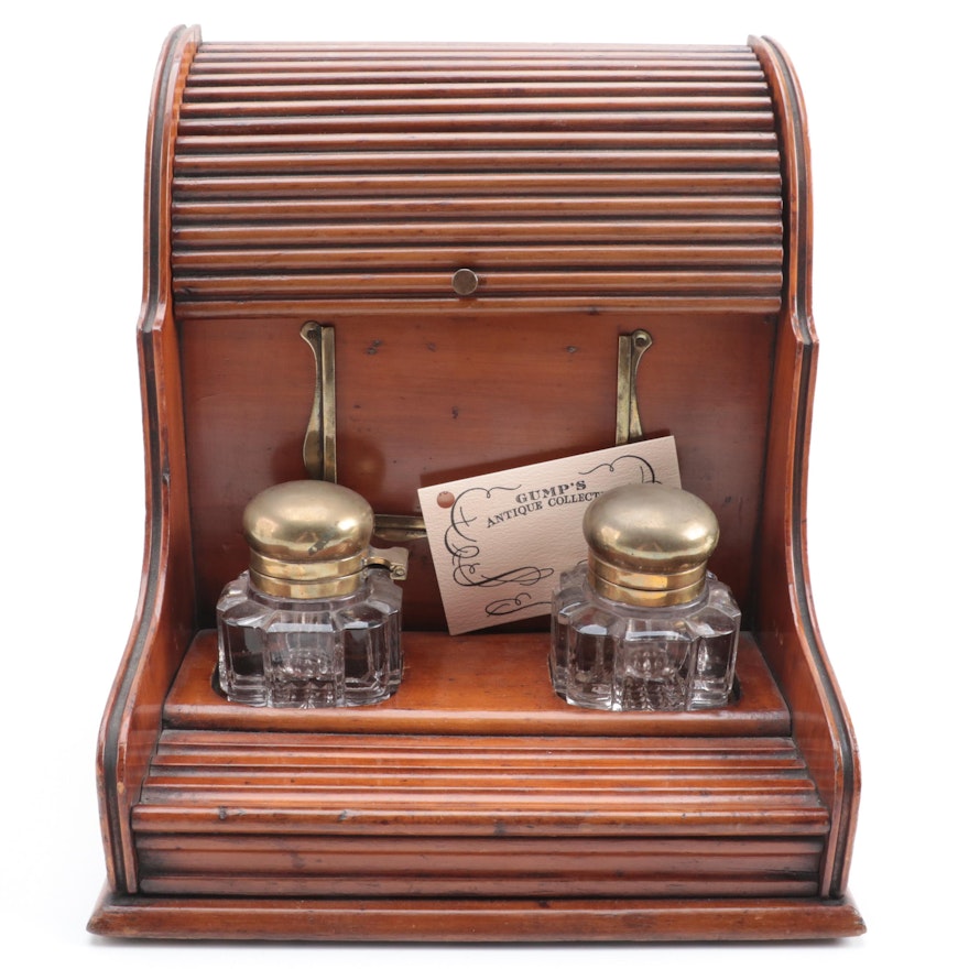 English Victorian Cherry Tambour Front Stationary Box with Inkwells, ca. 1890