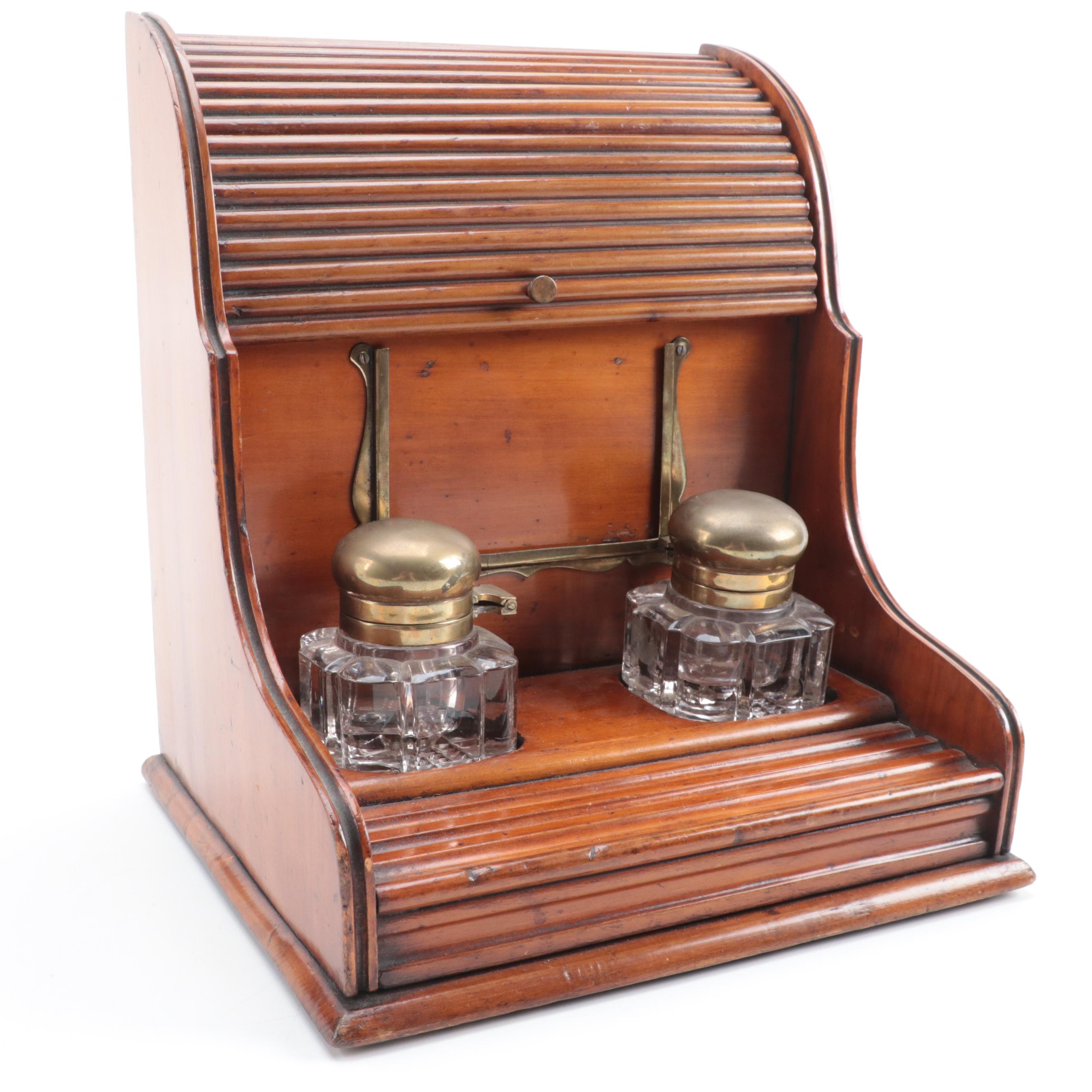 English Victorian Cherry Tambour Front Stationary Box with Inkwells, ca. 1890