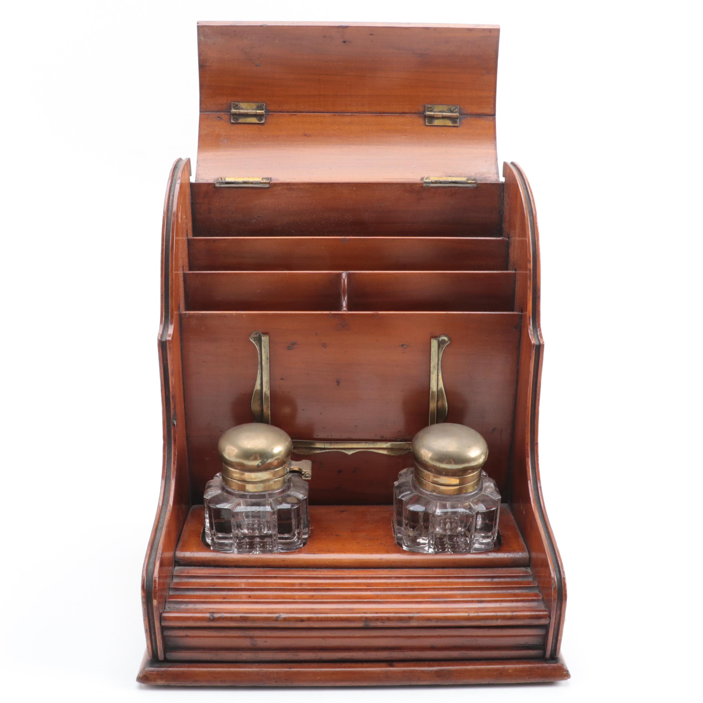 English Victorian Cherry Tambour Front Stationary Box with Inkwells, ca. 1890