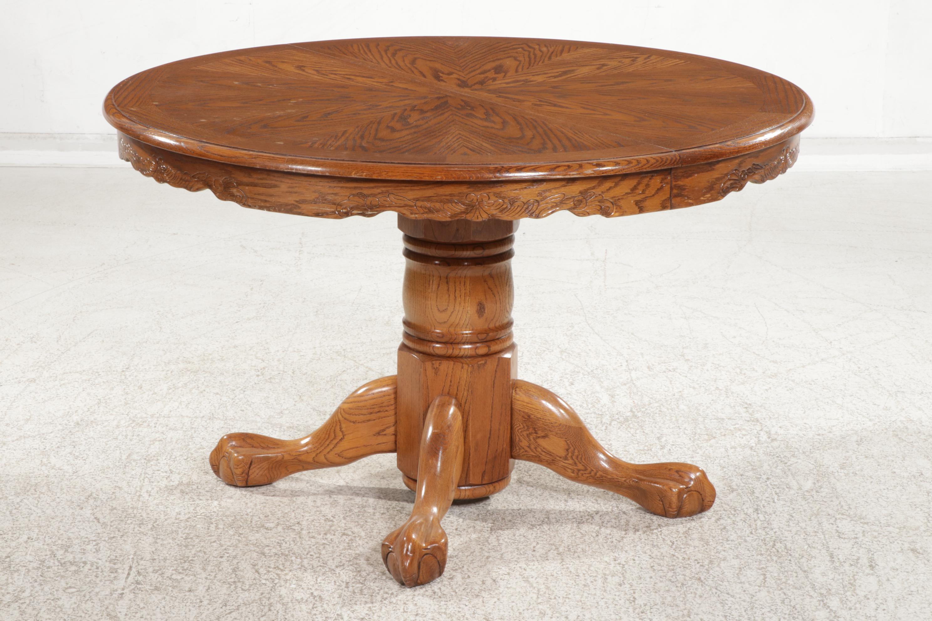 Strongson Victorian Style Oak Pedestal Dining Table and Six Chairs, 1980s