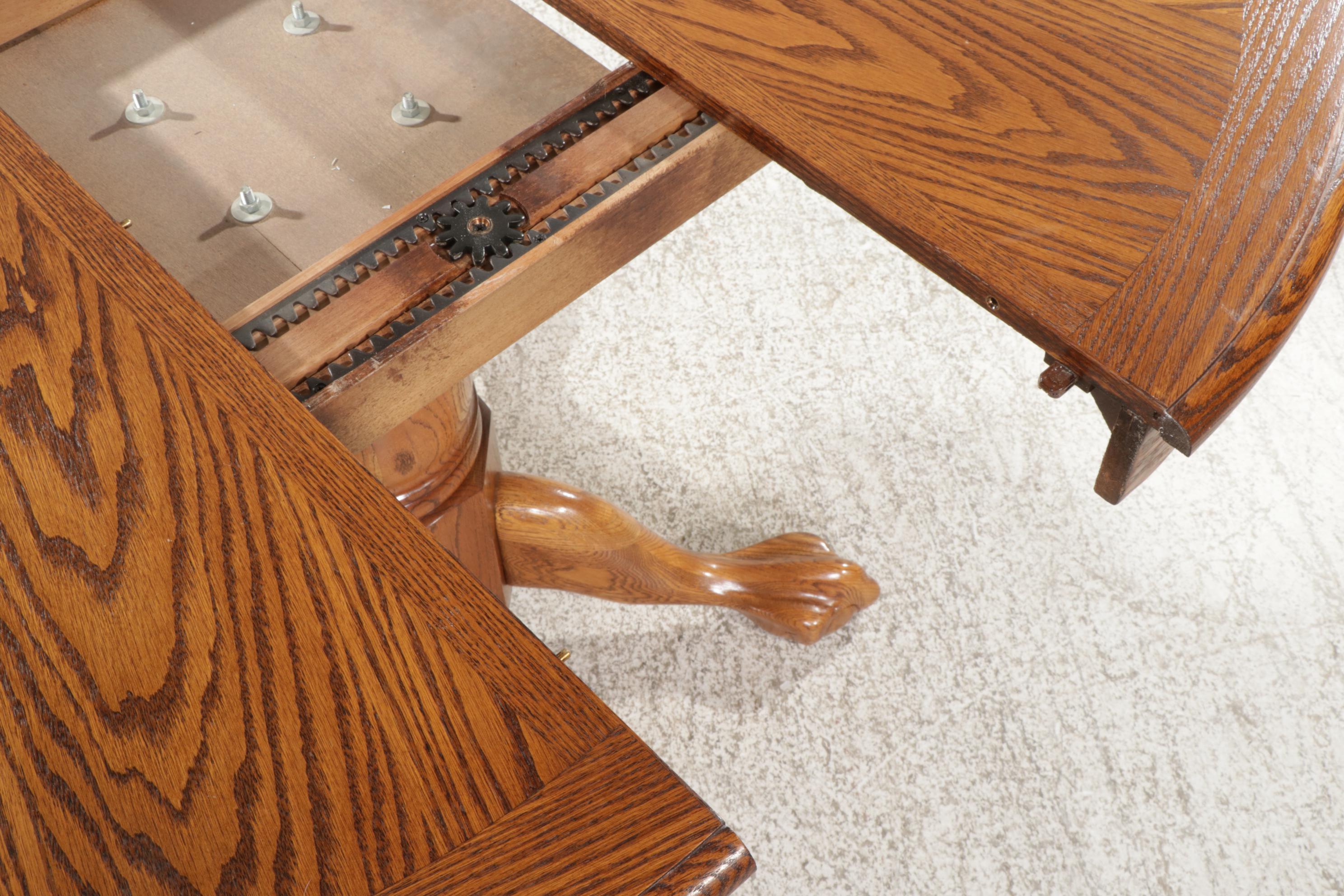 Strongson Victorian Style Oak Pedestal Dining Table and Six Chairs, 1980s