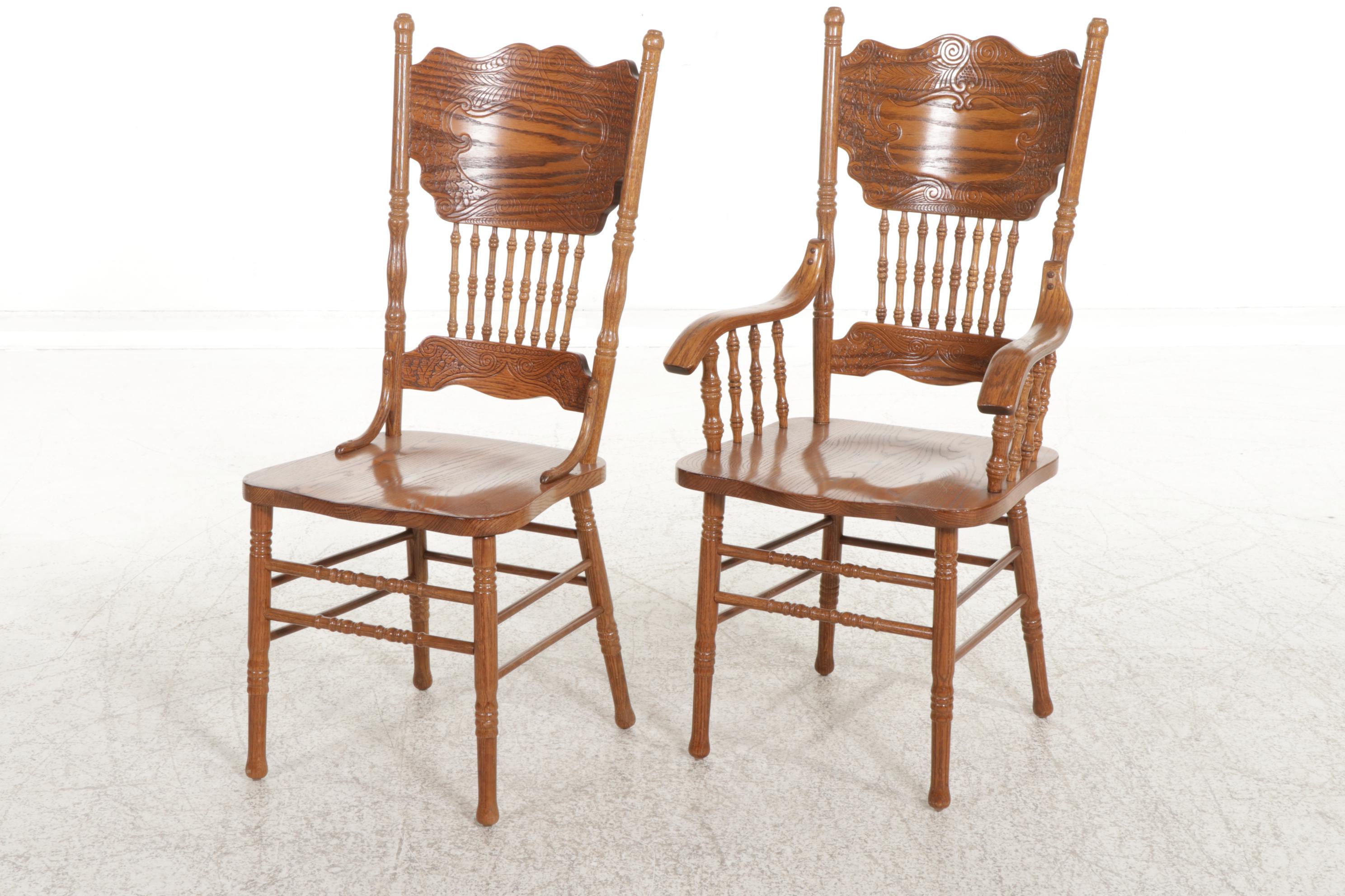 Strongson Victorian Style Oak Pedestal Dining Table and Six Chairs, 1980s