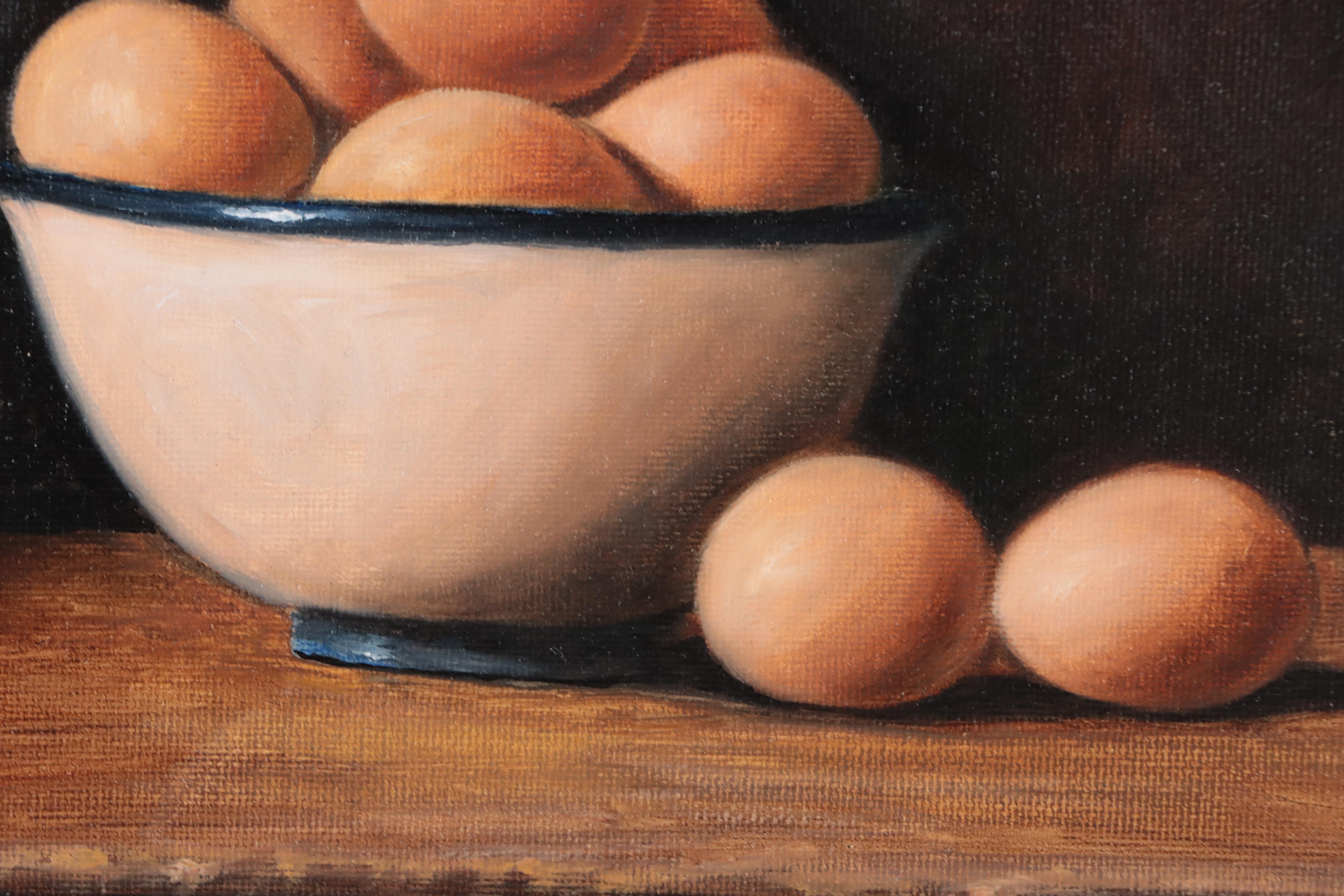 Houra H. Alghizzi Still Life Oil Painting "A Bowl of Organic Eggs," 2023