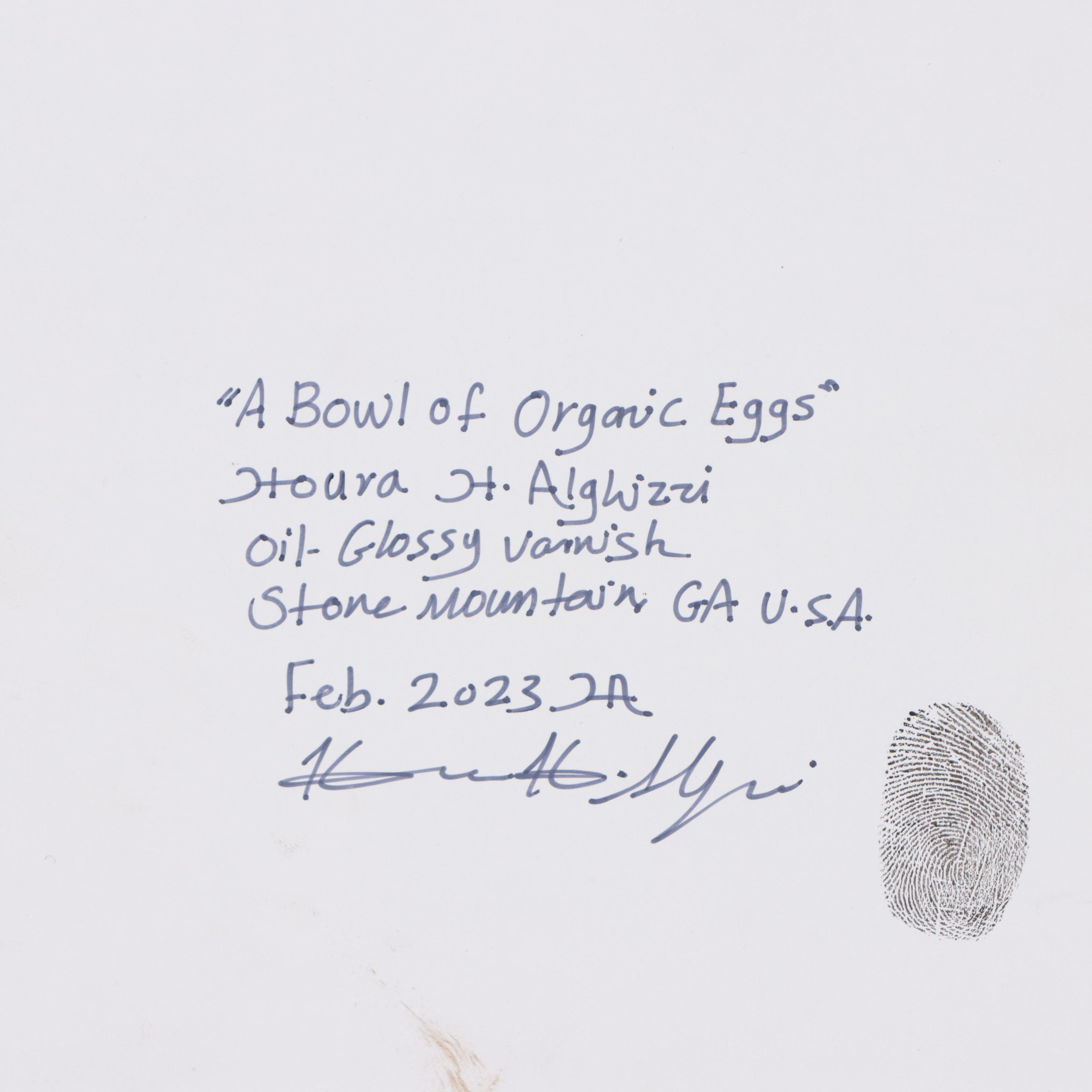 Houra H. Alghizzi Still Life Oil Painting "A Bowl of Organic Eggs," 2023
