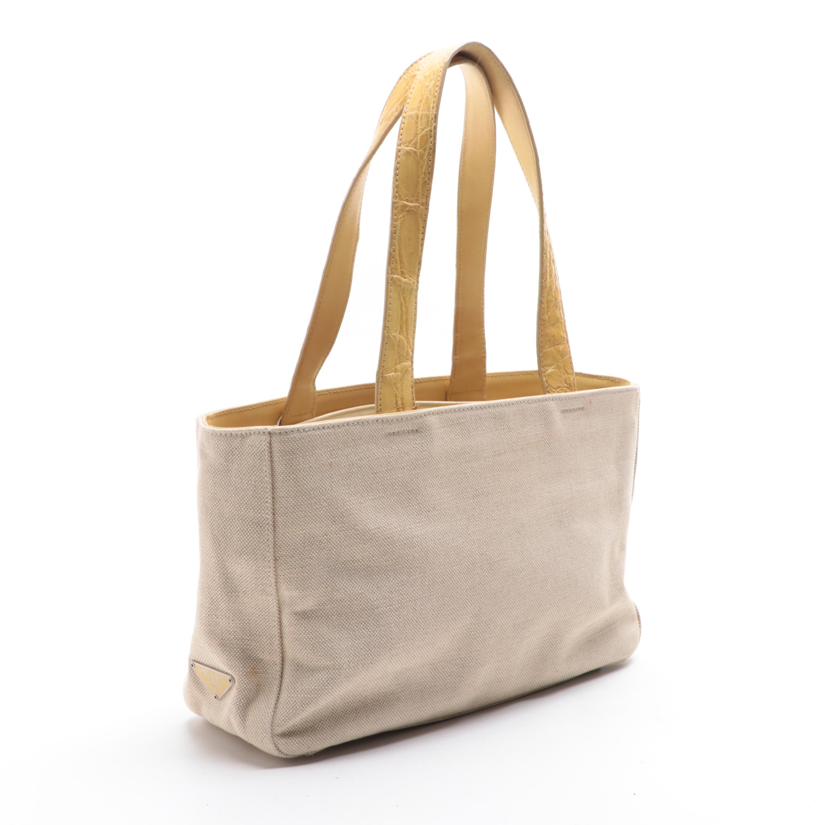 Prada Tote in Woven Canvas and Crocodile