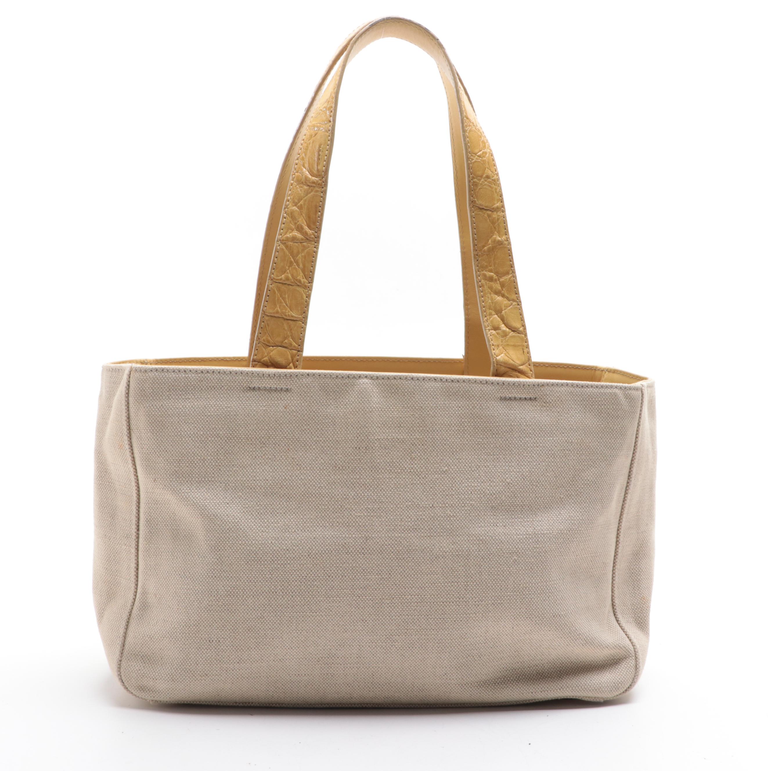 Prada Tote in Woven Canvas and Crocodile