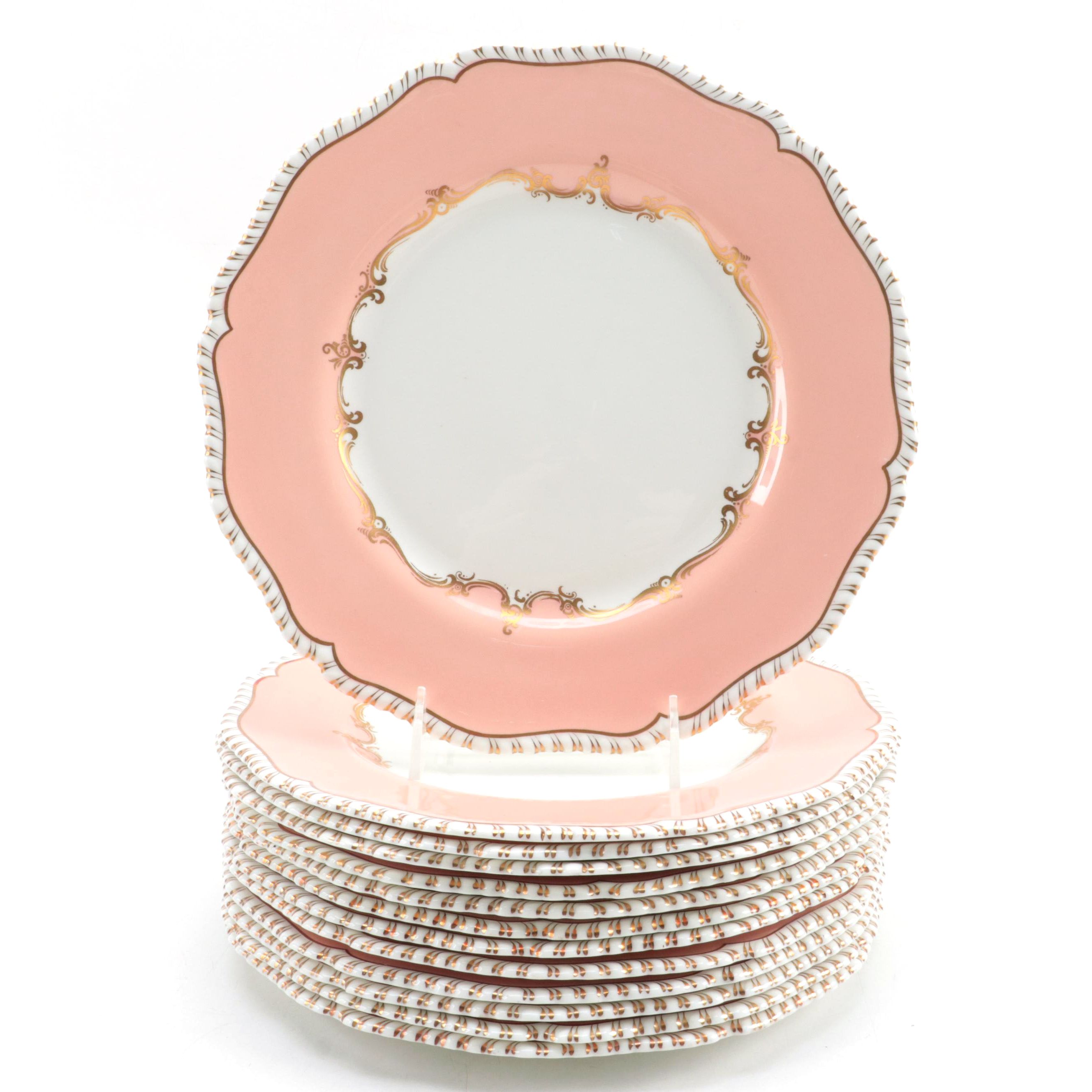 Royal Worcester Bone China Peach Rimmed Gilt Accented Dinner Plates