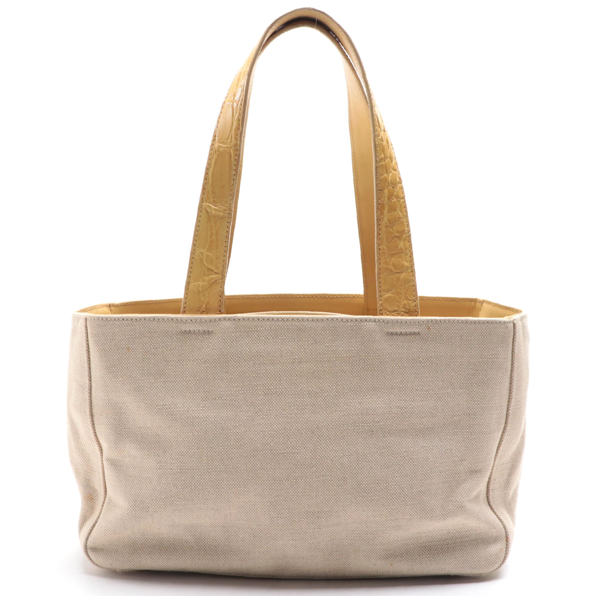 Prada Tote in Woven Canvas and Crocodile