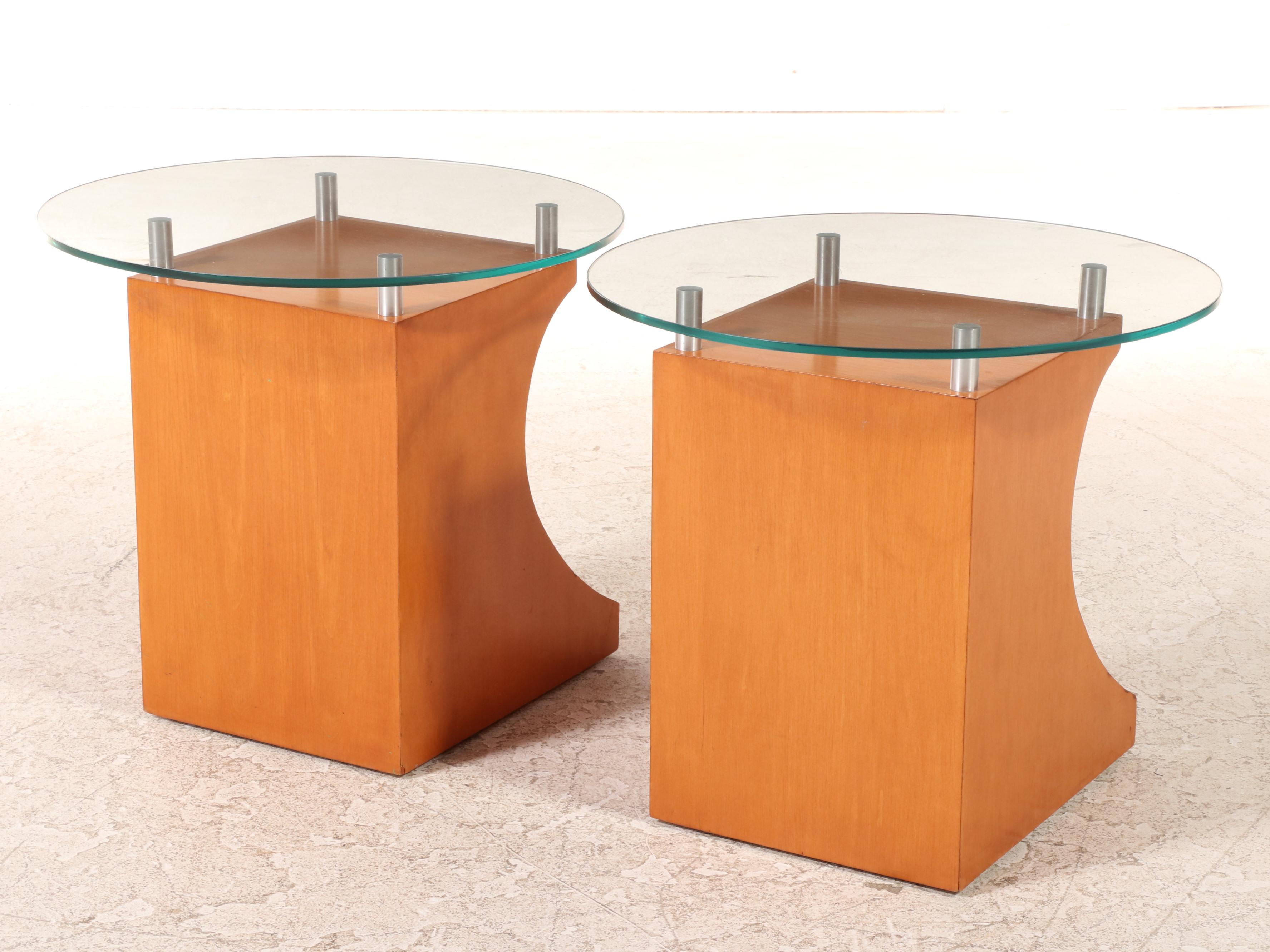 Pair of Modernist Wood and Floating Glass Top Pedestal Side Tables
