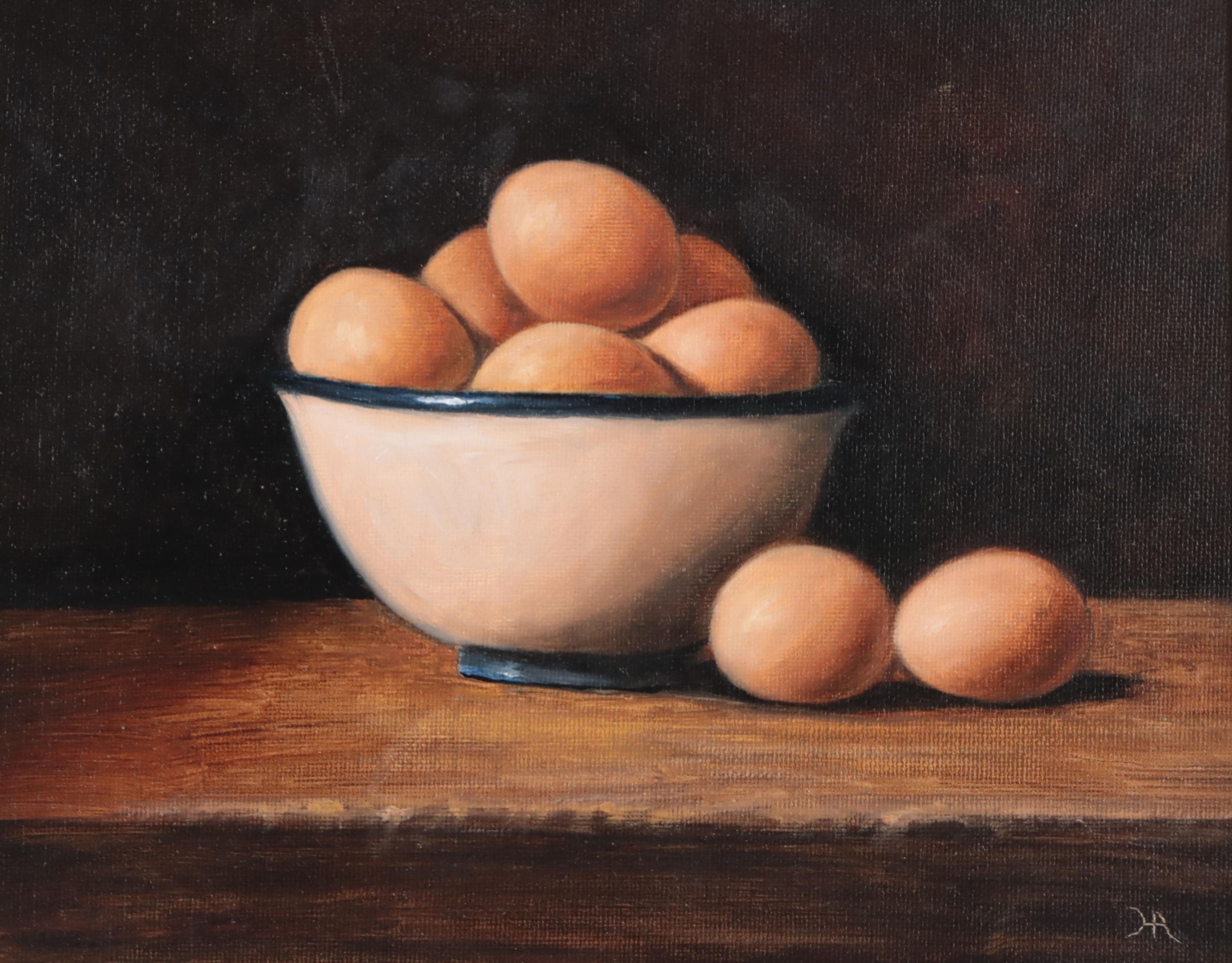Houra H. Alghizzi Still Life Oil Painting "A Bowl of Organic Eggs," 2023