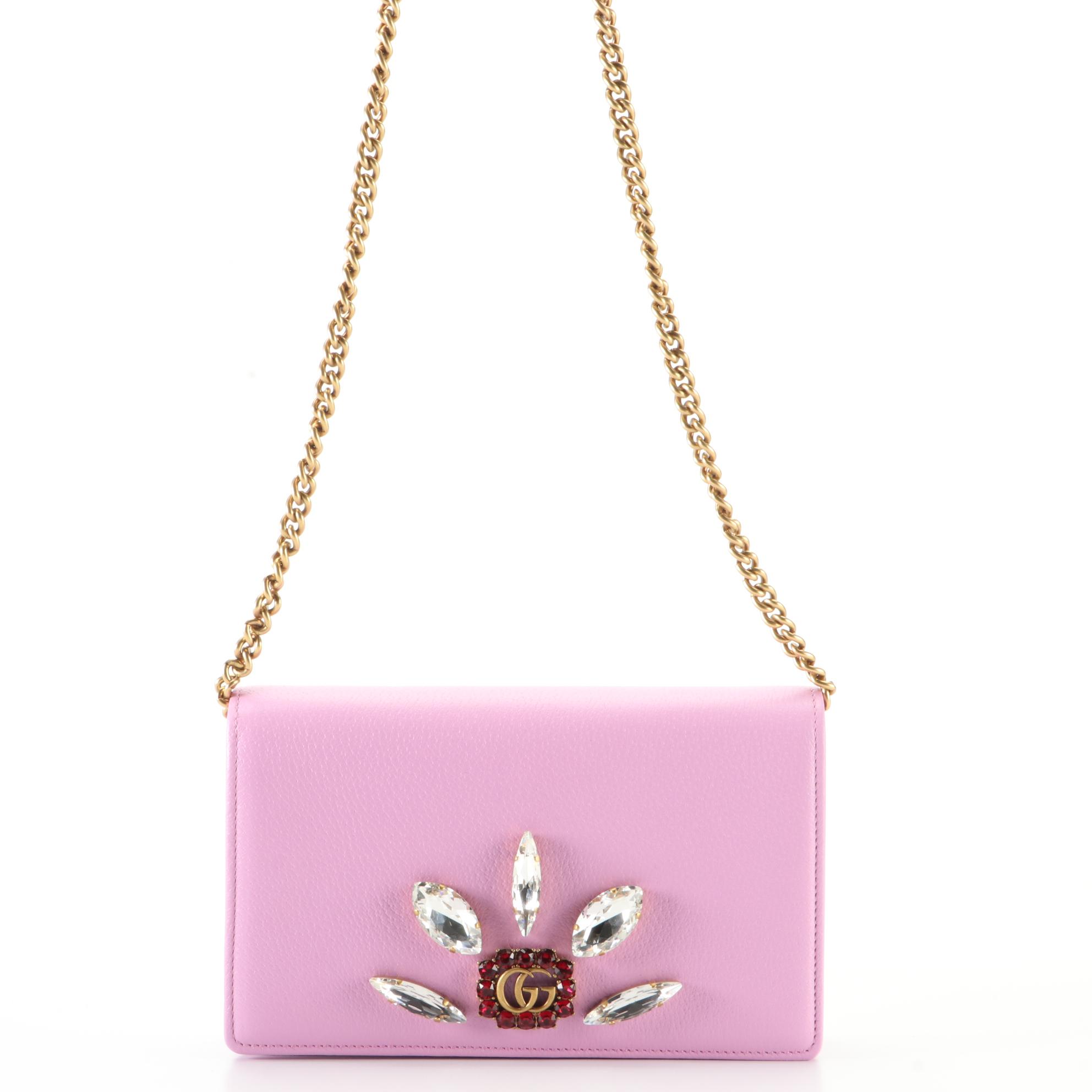 Gucci GG Marmont Wallet-on-Chain in Embellished Pink Leather w/Box