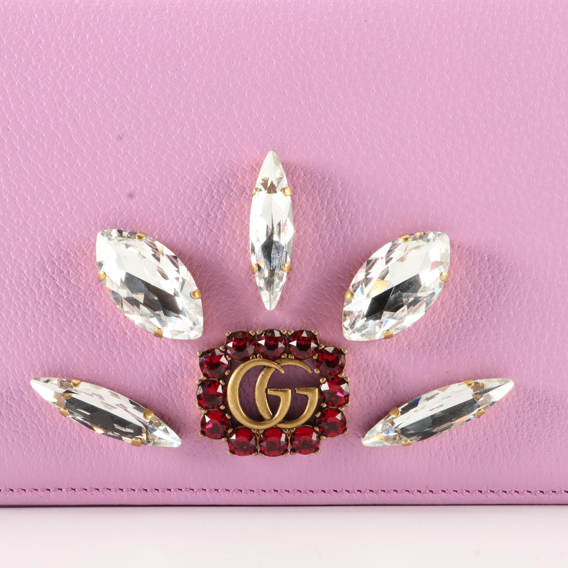 Gucci GG Marmont Wallet-on-Chain in Embellished Pink Leather w/Box