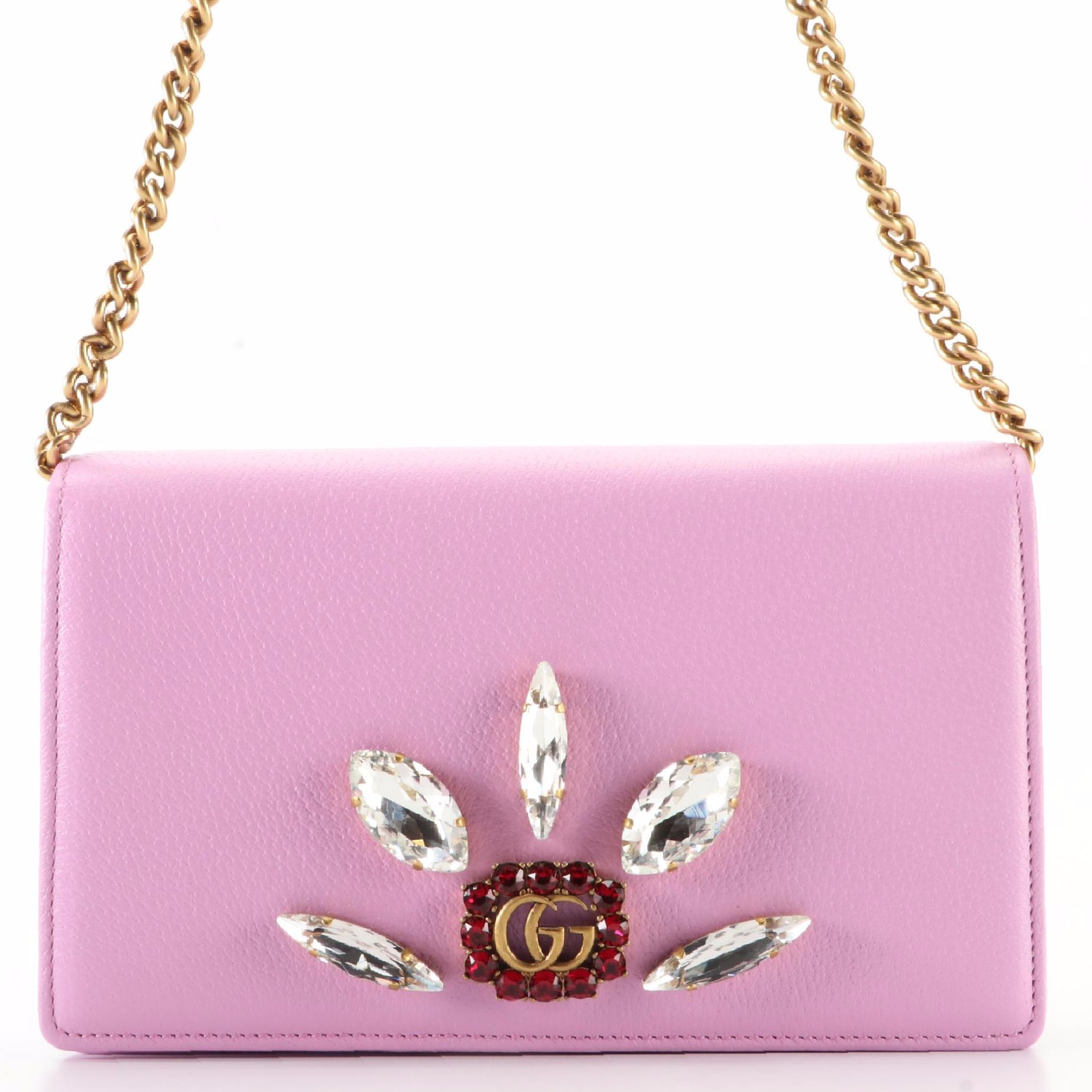 Gucci GG Marmont Wallet-on-Chain in Embellished Pink Leather w/Box