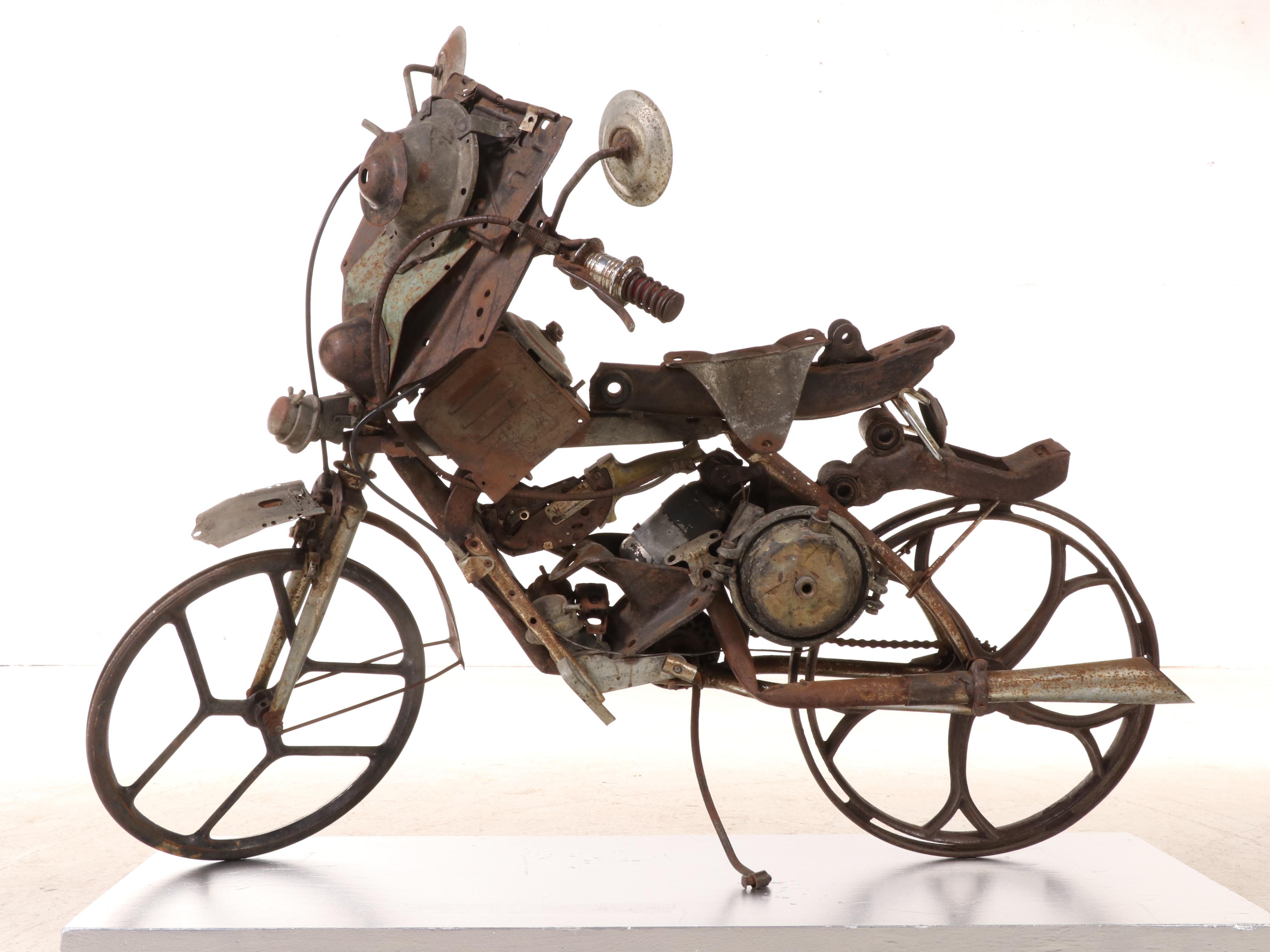 Large-Scale Metal Sculpture of a Steampunk Motorcycle with Conceptual Rendering