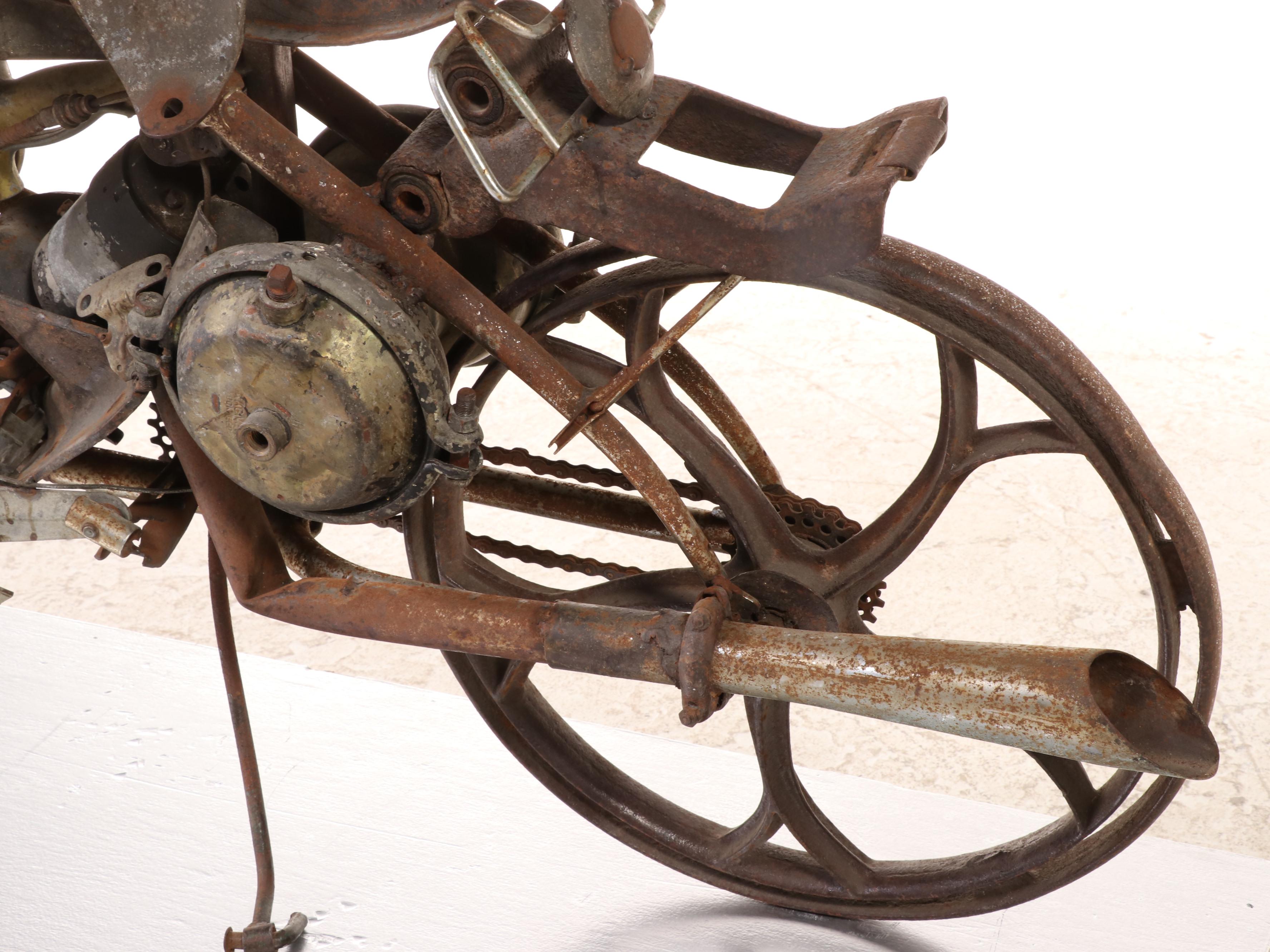 Large-Scale Metal Sculpture of a Steampunk Motorcycle with Conceptual Rendering