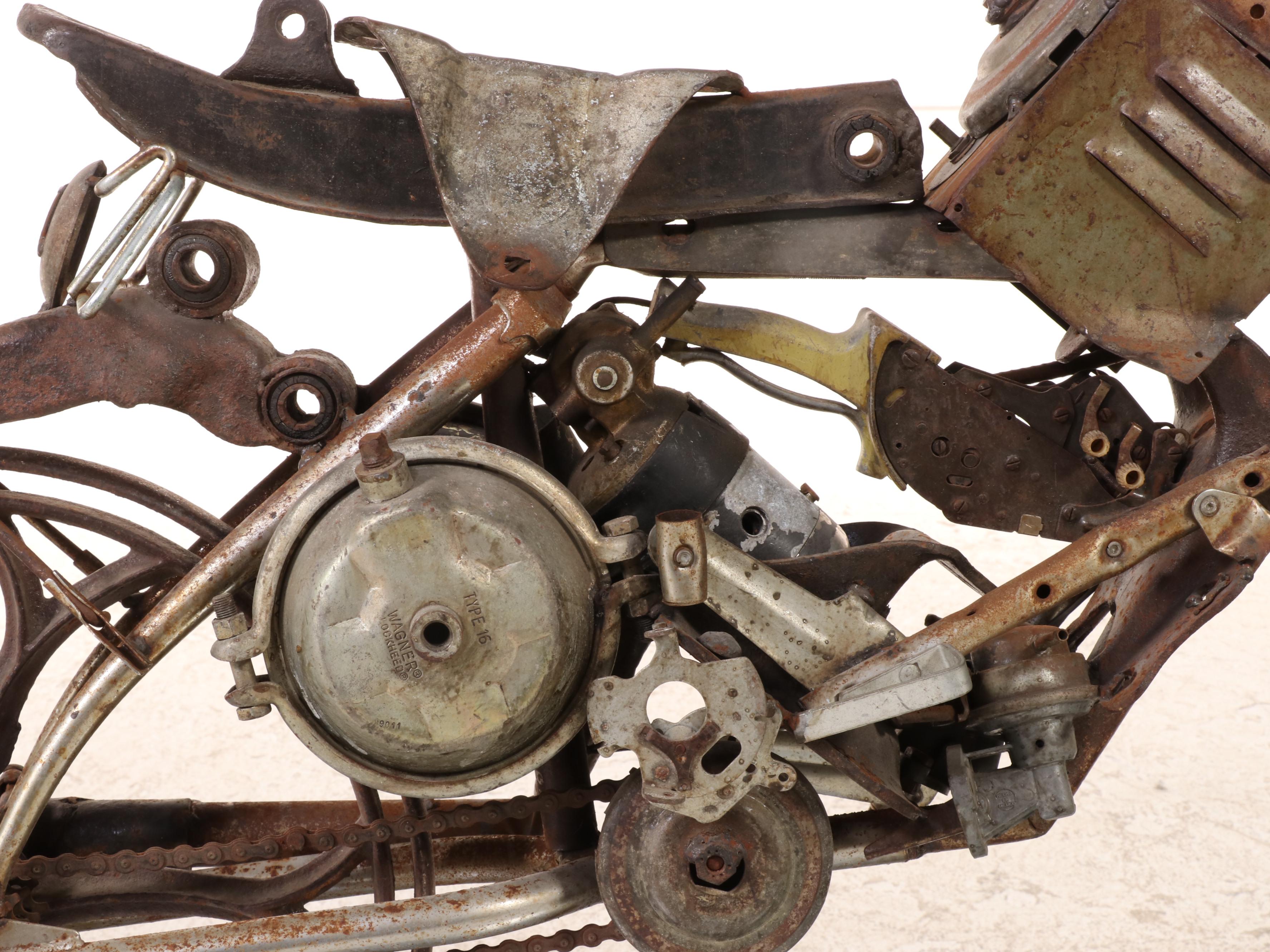 Large-Scale Metal Sculpture of a Steampunk Motorcycle with Conceptual Rendering